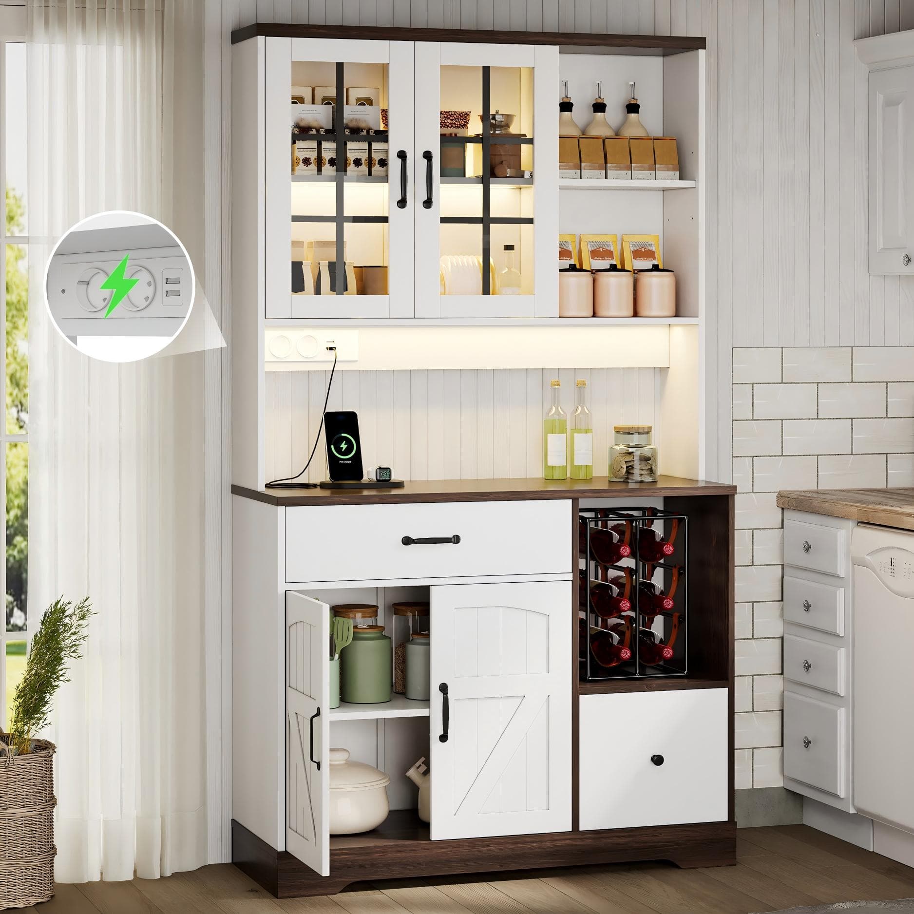 Armadio alto da cucina stile fienile con ripiani regolabili
