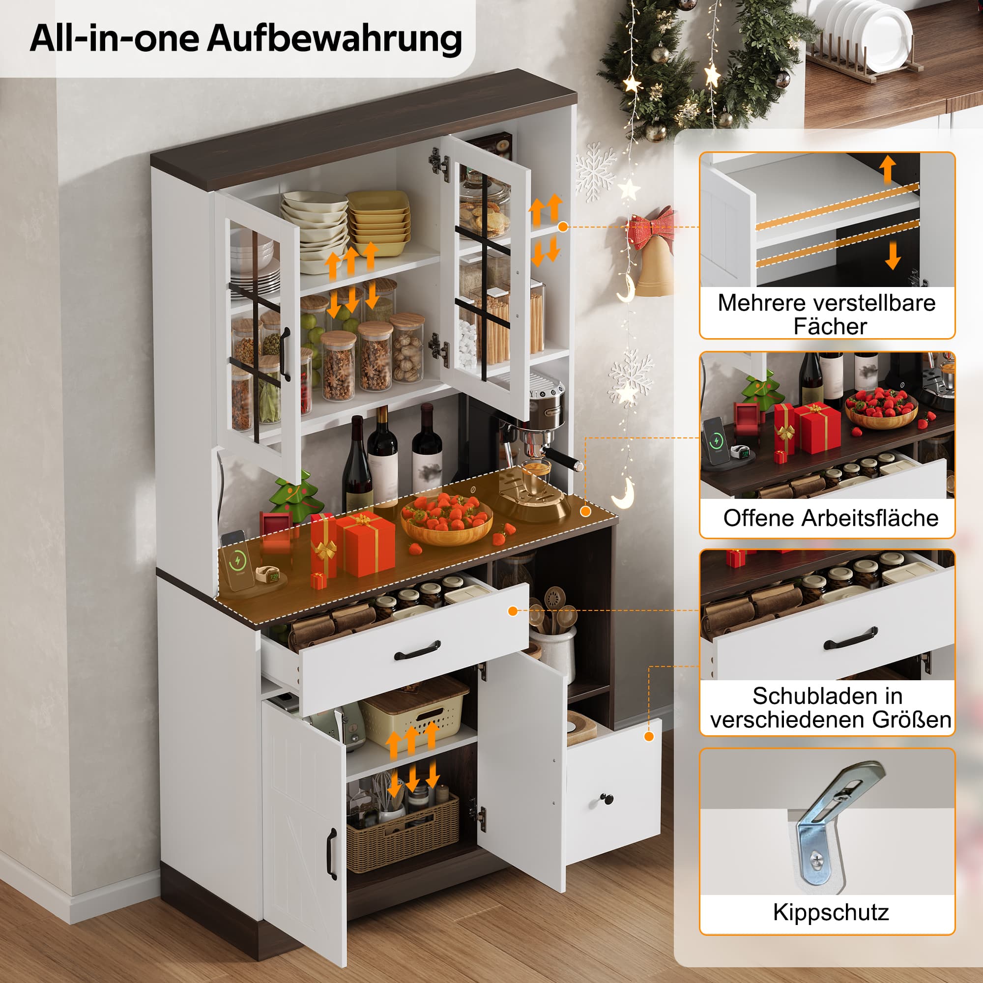 Hoher Küchenschrank im Scheunenstil mit verstellbaren Regalen