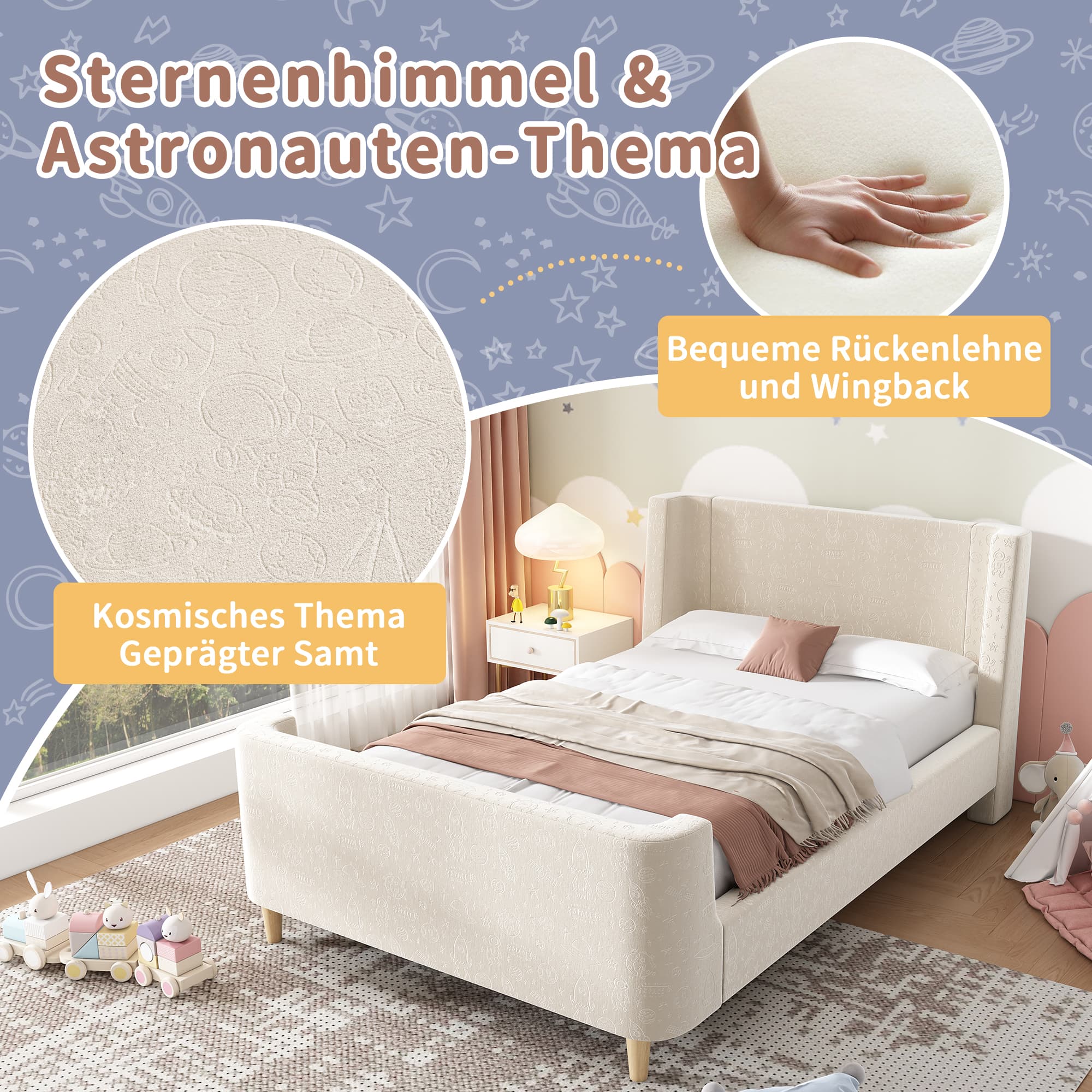 Gepolstertes Einzelbett 90x200 cm in Samt Beige