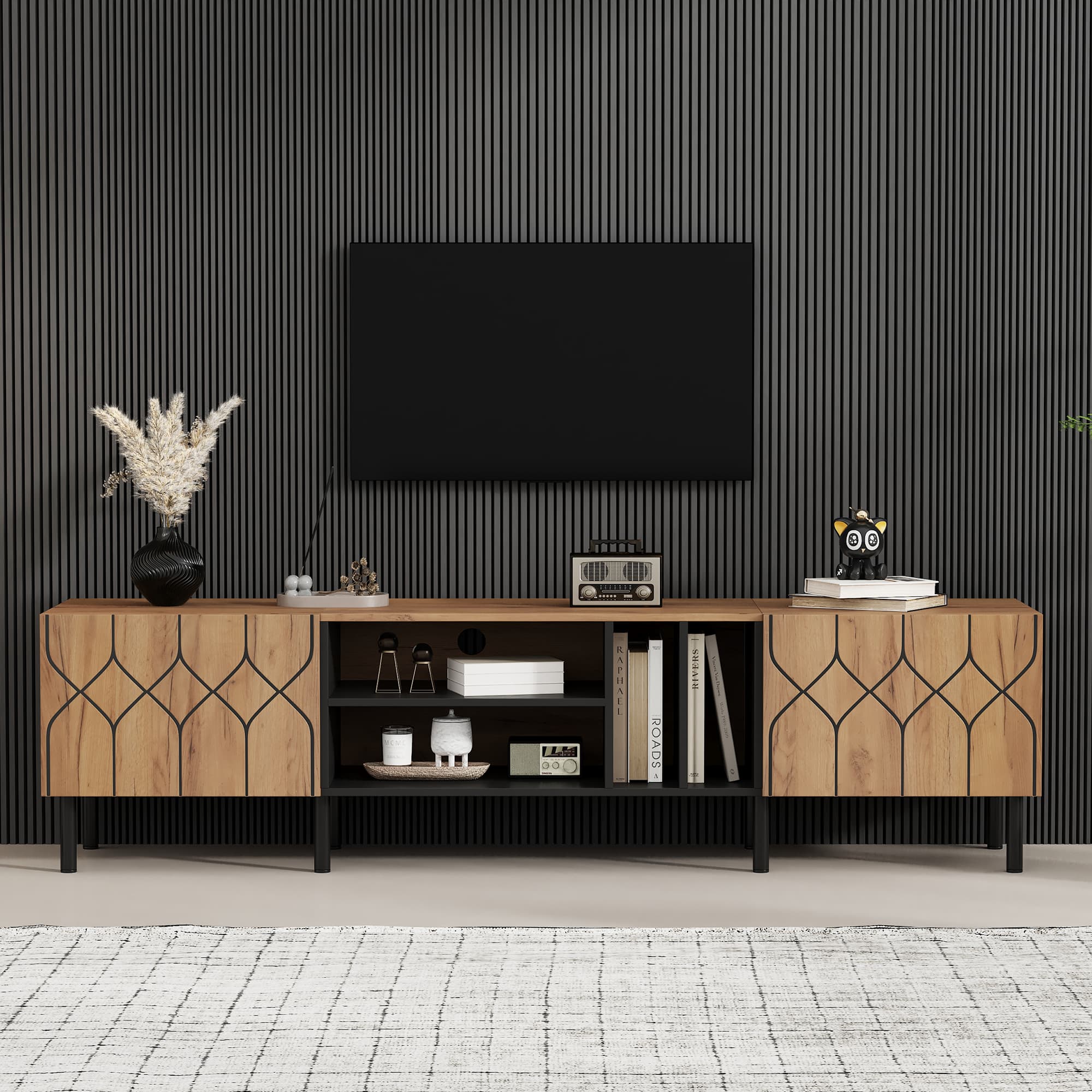 TV-Lowboard 180 cm mit Türen und offenen Fächern