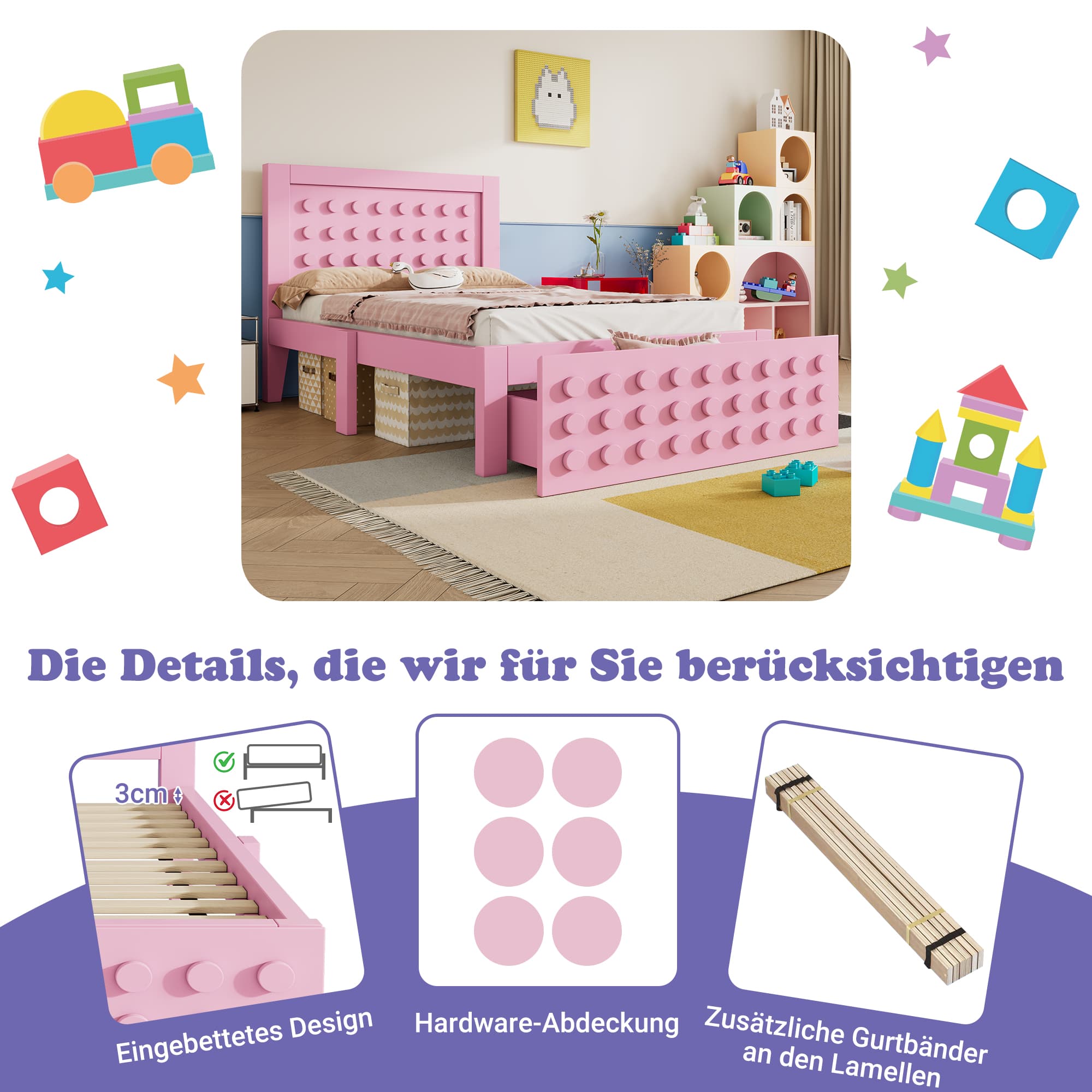 Kinderbett Einzelbett 90x200 cm aus Holz mit Schubladen