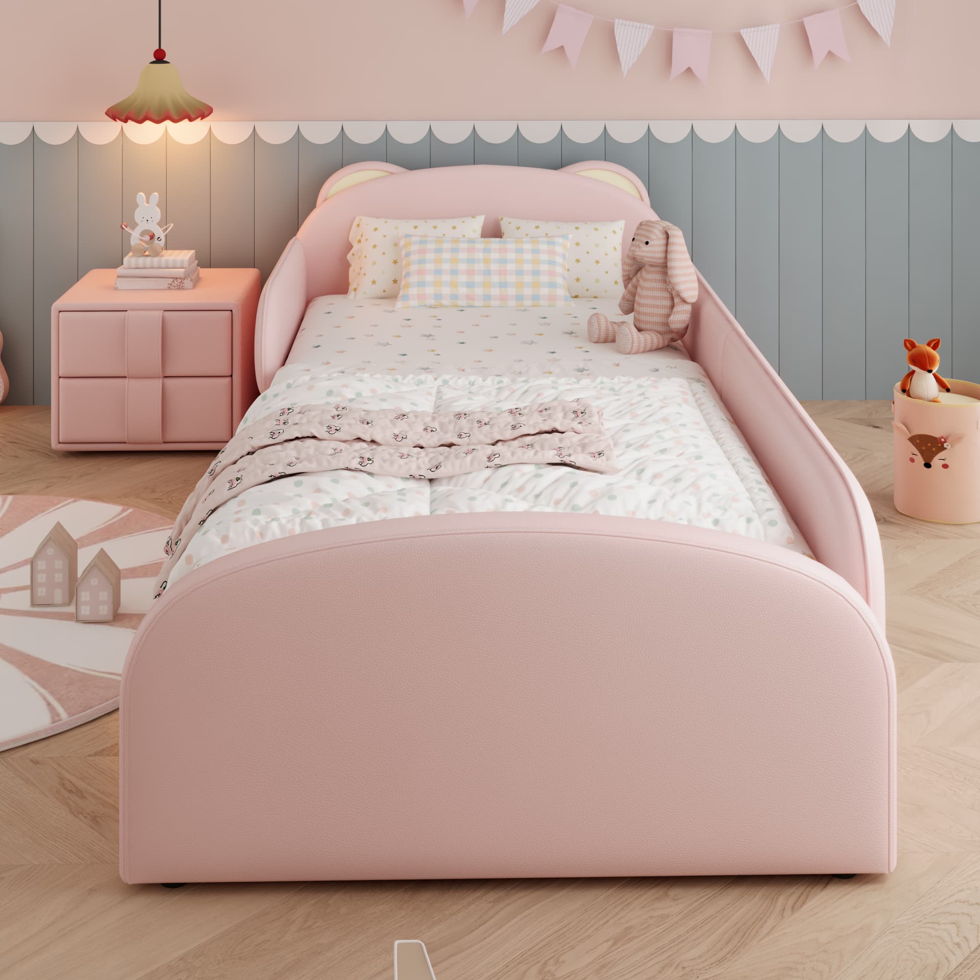 Gepolstertes Einzelbett in Rosa mit Bärenkopfteil