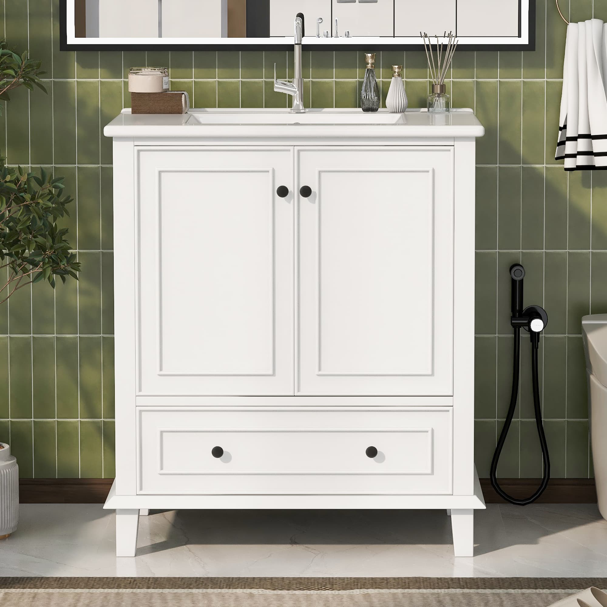 Massivholz Standwaschbecken mit lackiertem Unterschrank