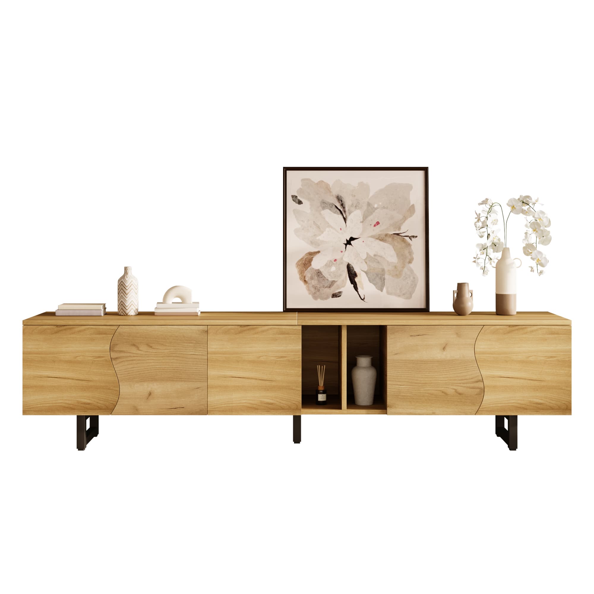 TV-Lowboard mit fünf Türen, 191 x 38 x 46,5 cm, Naturholz-Optik