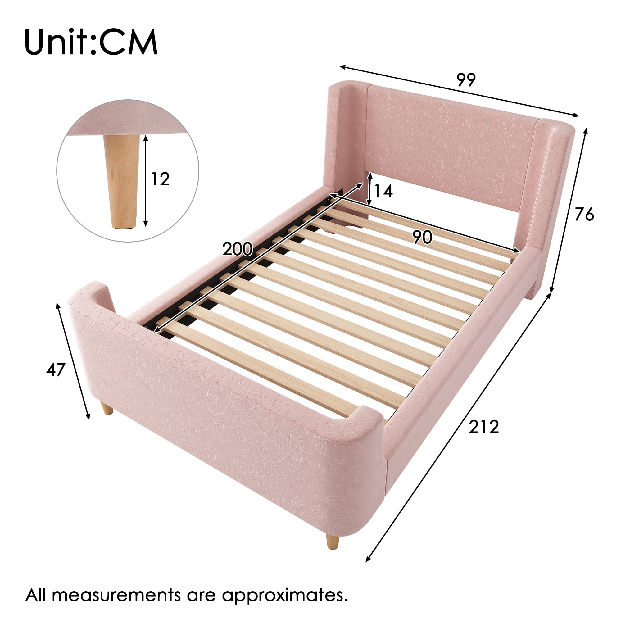 Lit enfant capitonné 90 x 200 cm en velours rose
