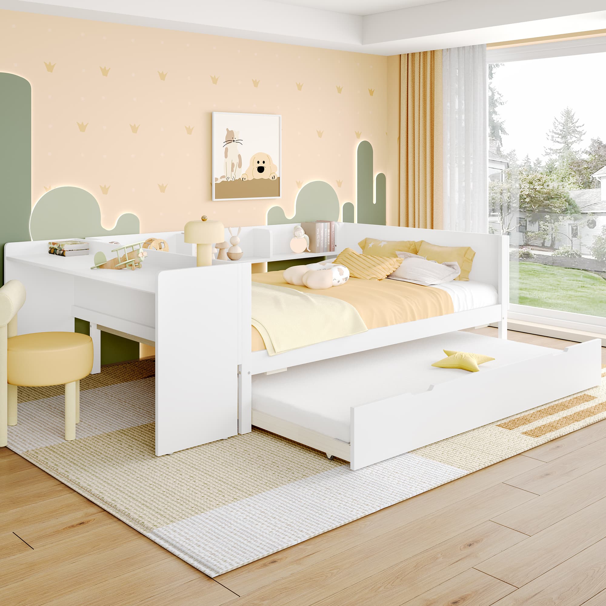 Weißes Holzbett 140x200 cm mit Schreibtisch und Rollbett