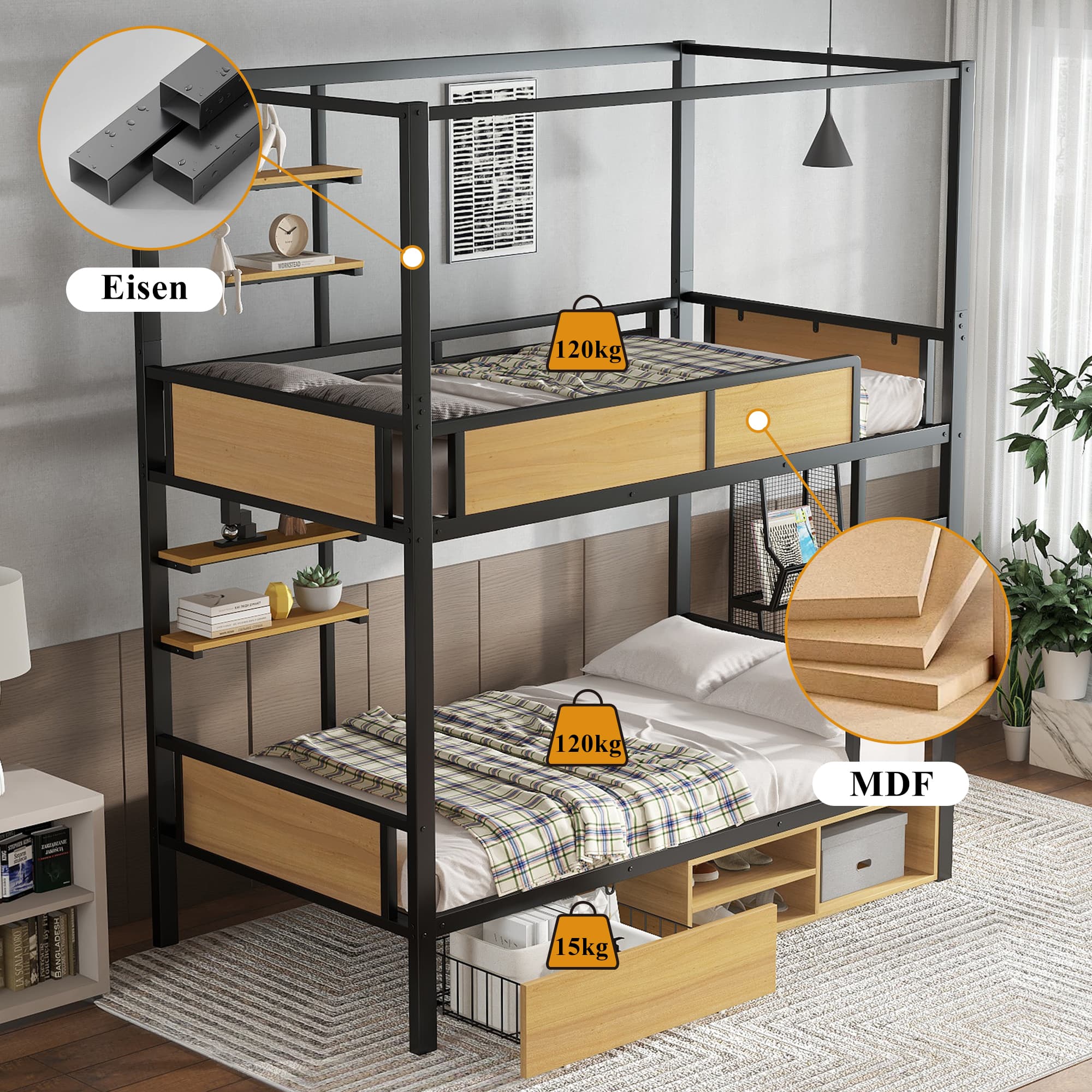 Etagenbett aus Metall und MDF, 90x200 cm, Schwarz