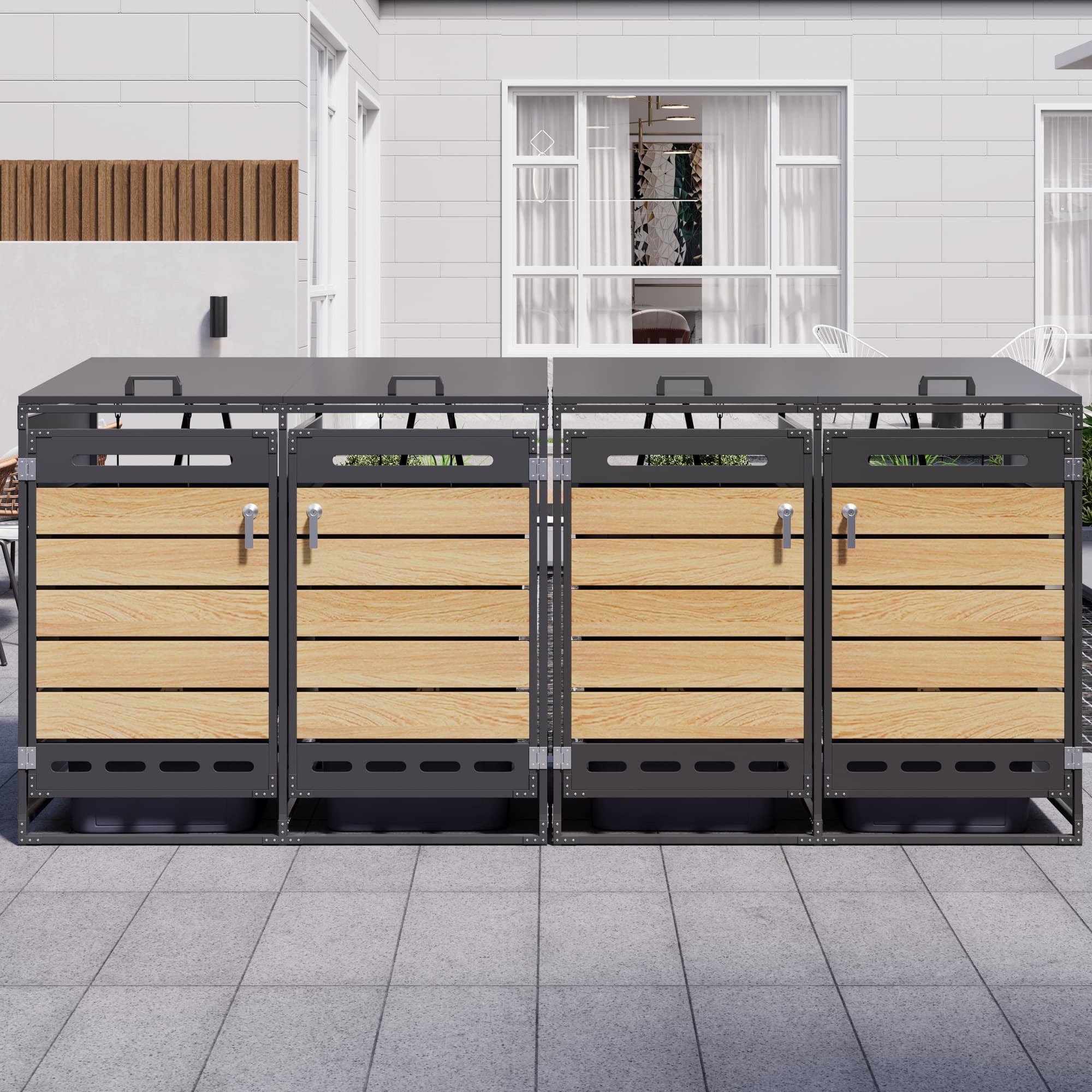 4er Set Mülltonnenboxen aus Metall mit Schloss