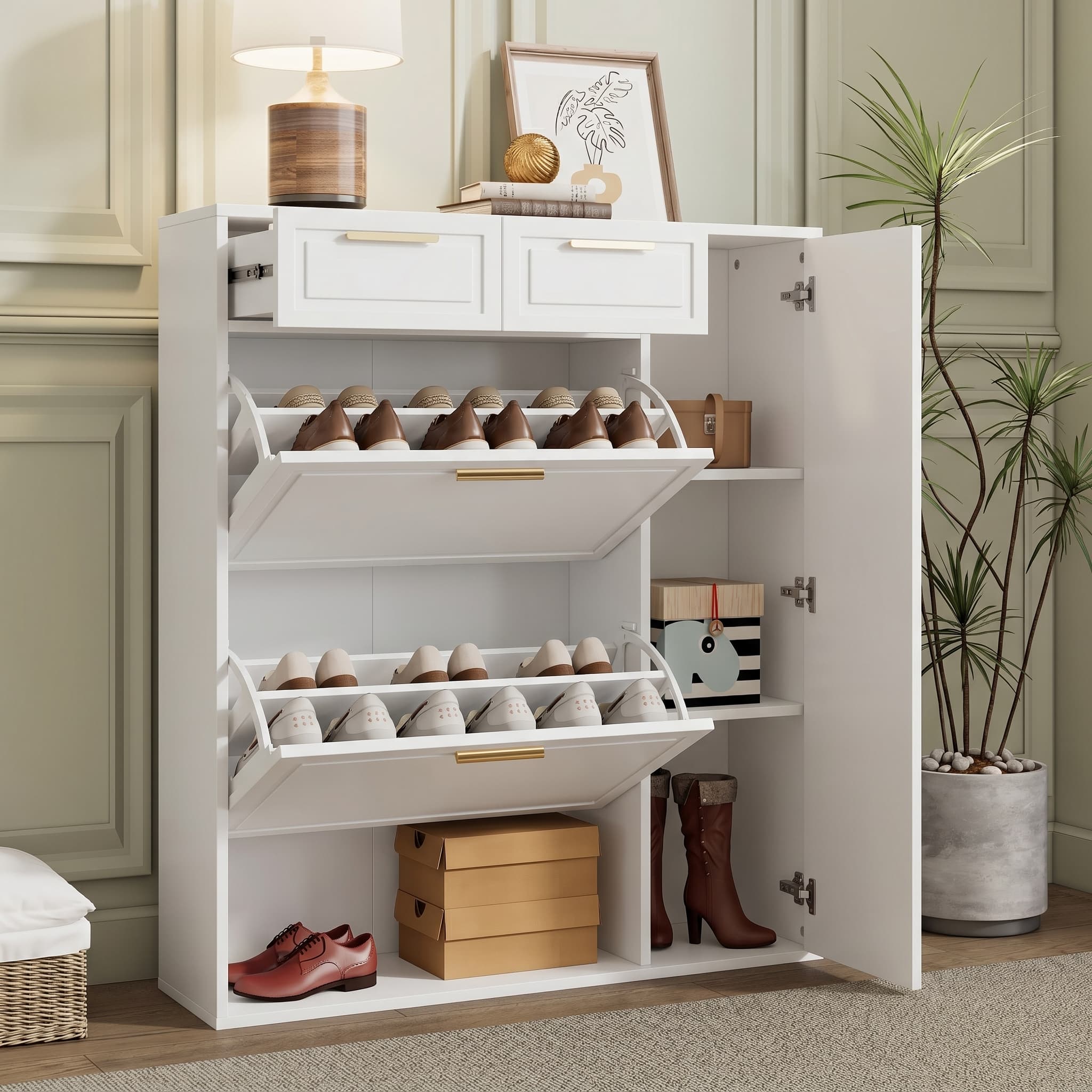 Weißer Schuhschrank mit Klapptüren und Schubladen
