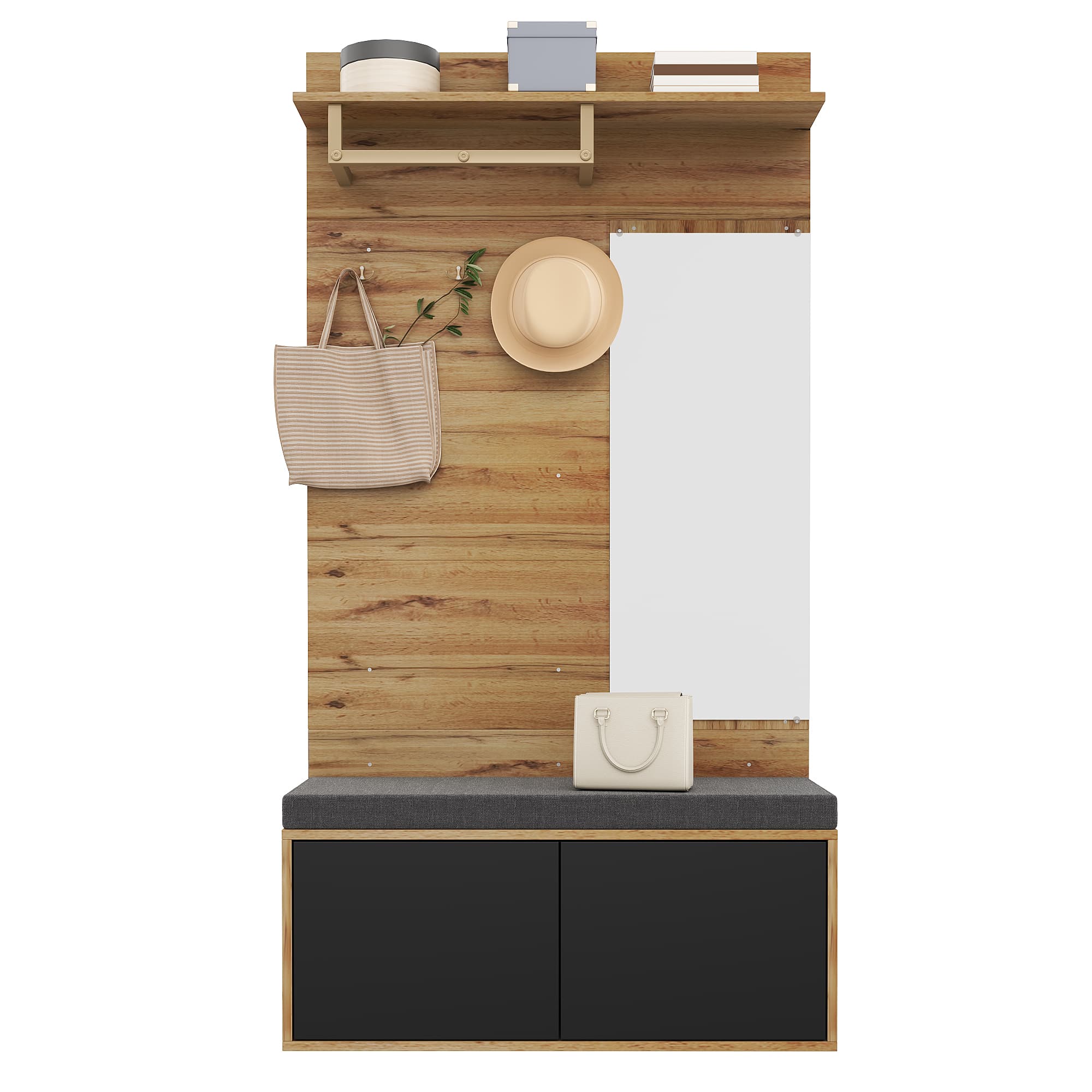 Set armadio con specchio, cuscino e ganci, nero