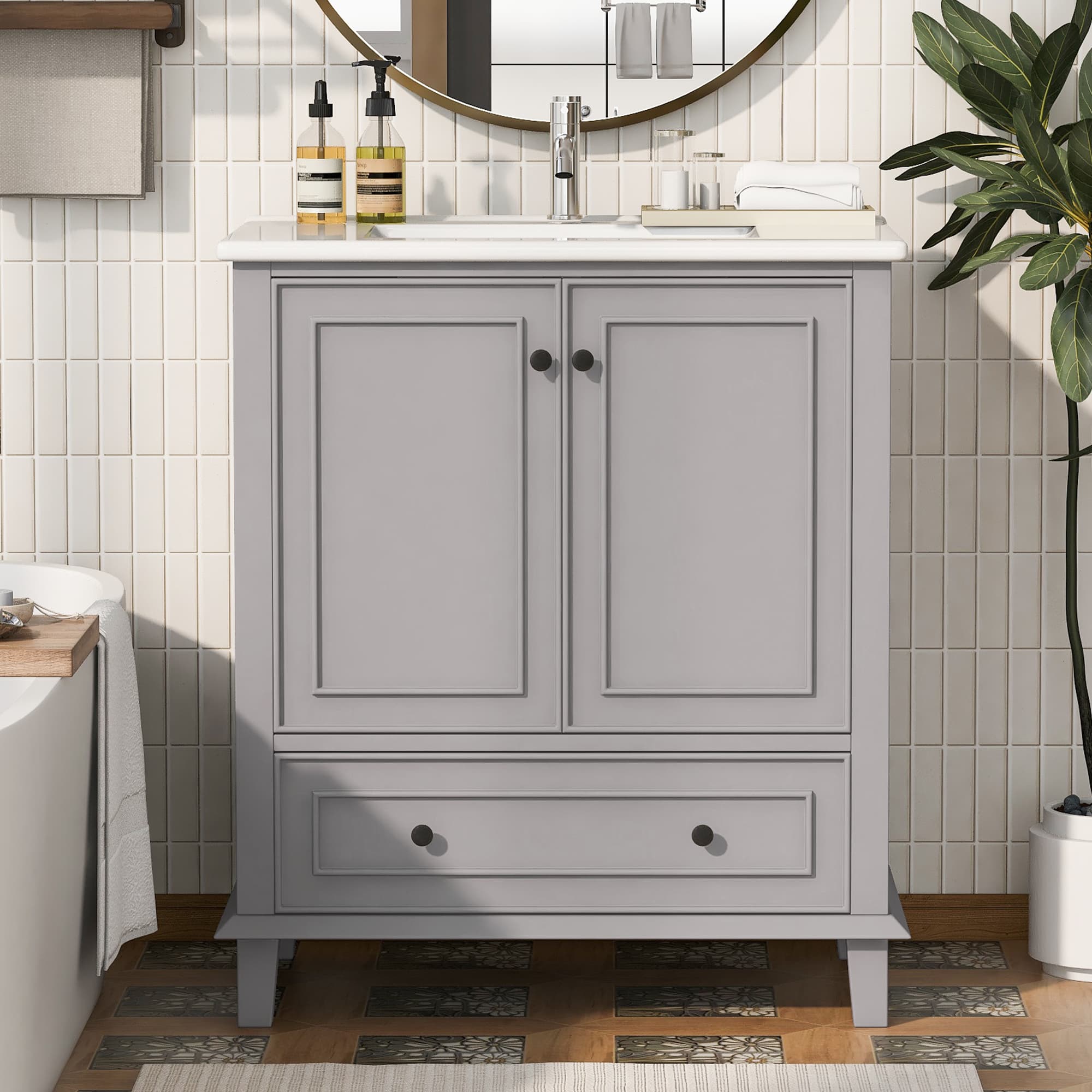Stand-Badezimmerschrank 76x46x87 cm mit Waschbecken, grau