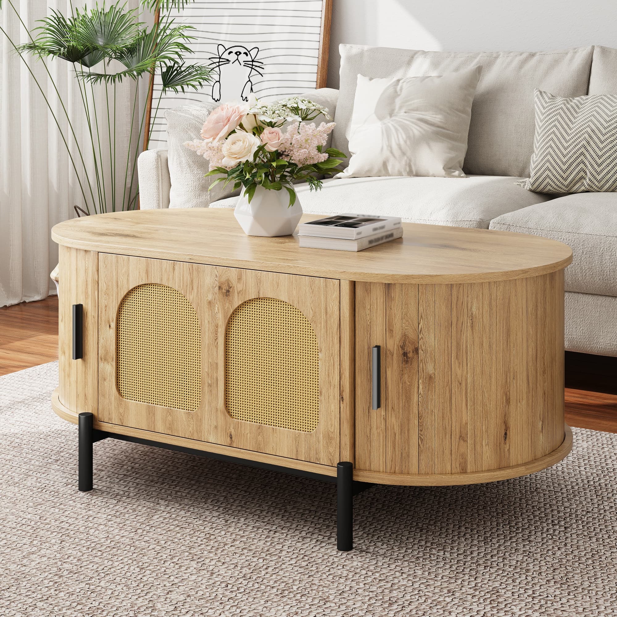 Ovaler Couchtisch mit Rattan Schiebetüren