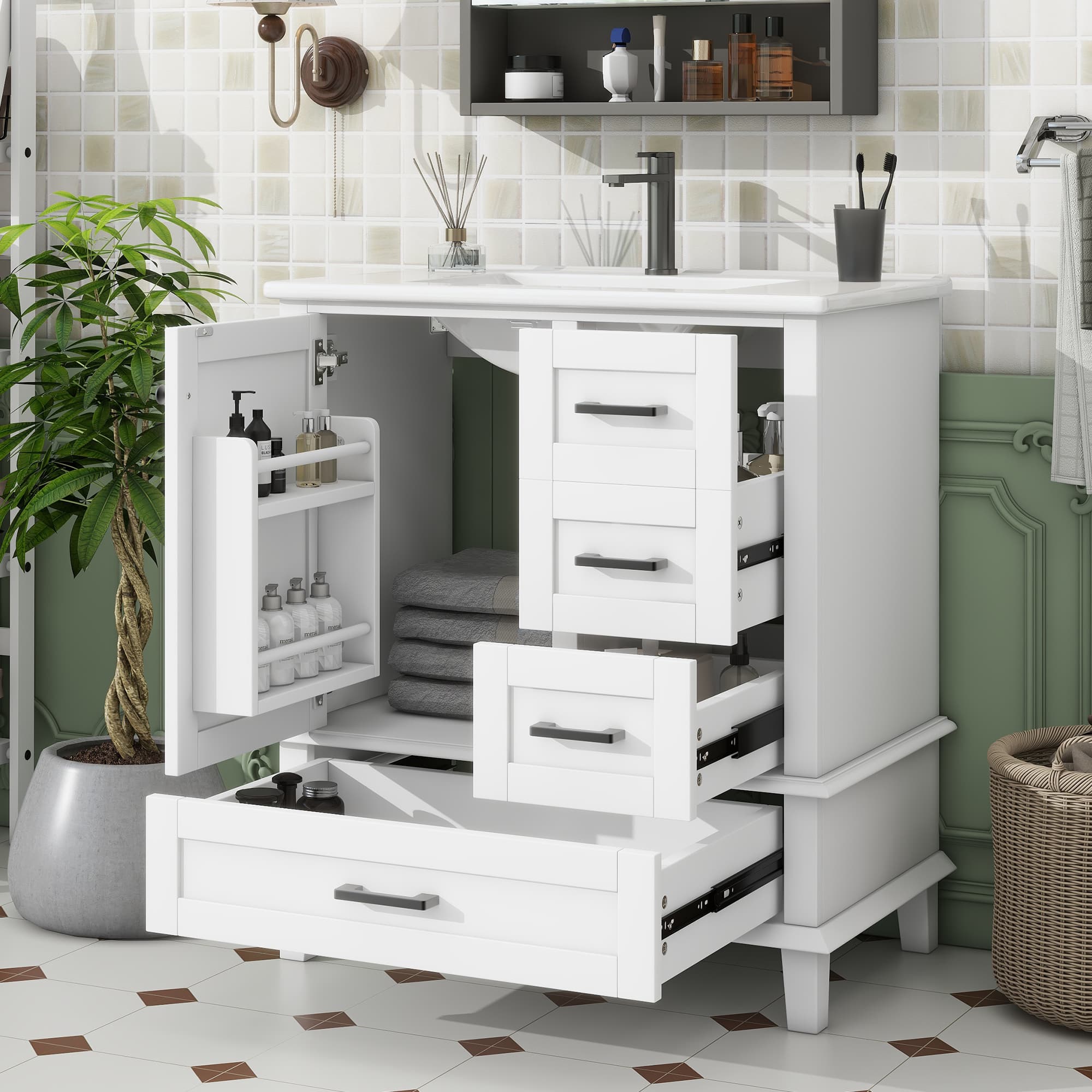 Mobile lavabo con lavabo in ceramica e tre cassetti