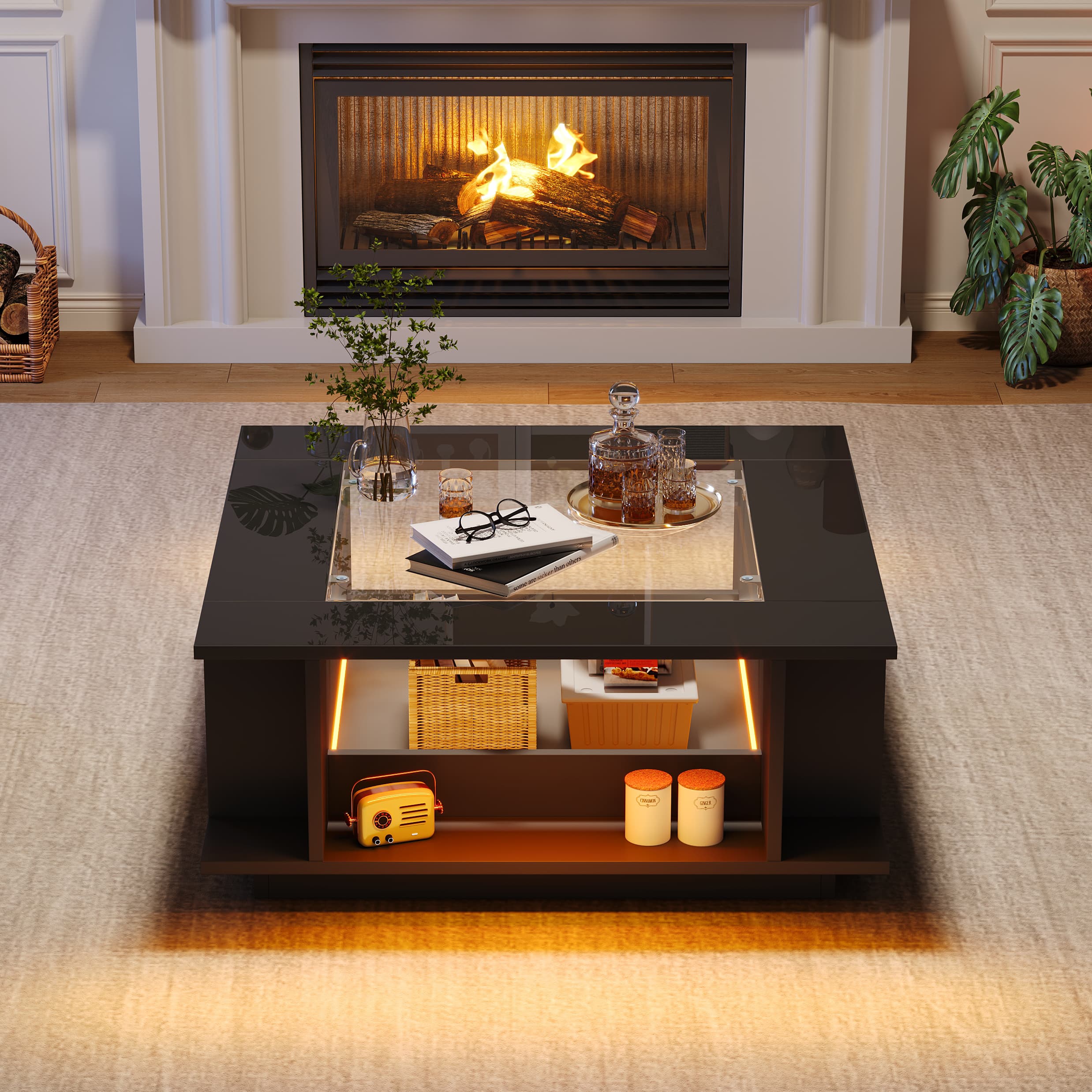 Table à café 70x70x30 cm, table à café carrée en noir avec plateau en verre, surface brillante et éclairage LED, table de chevet, table à café, table de salon