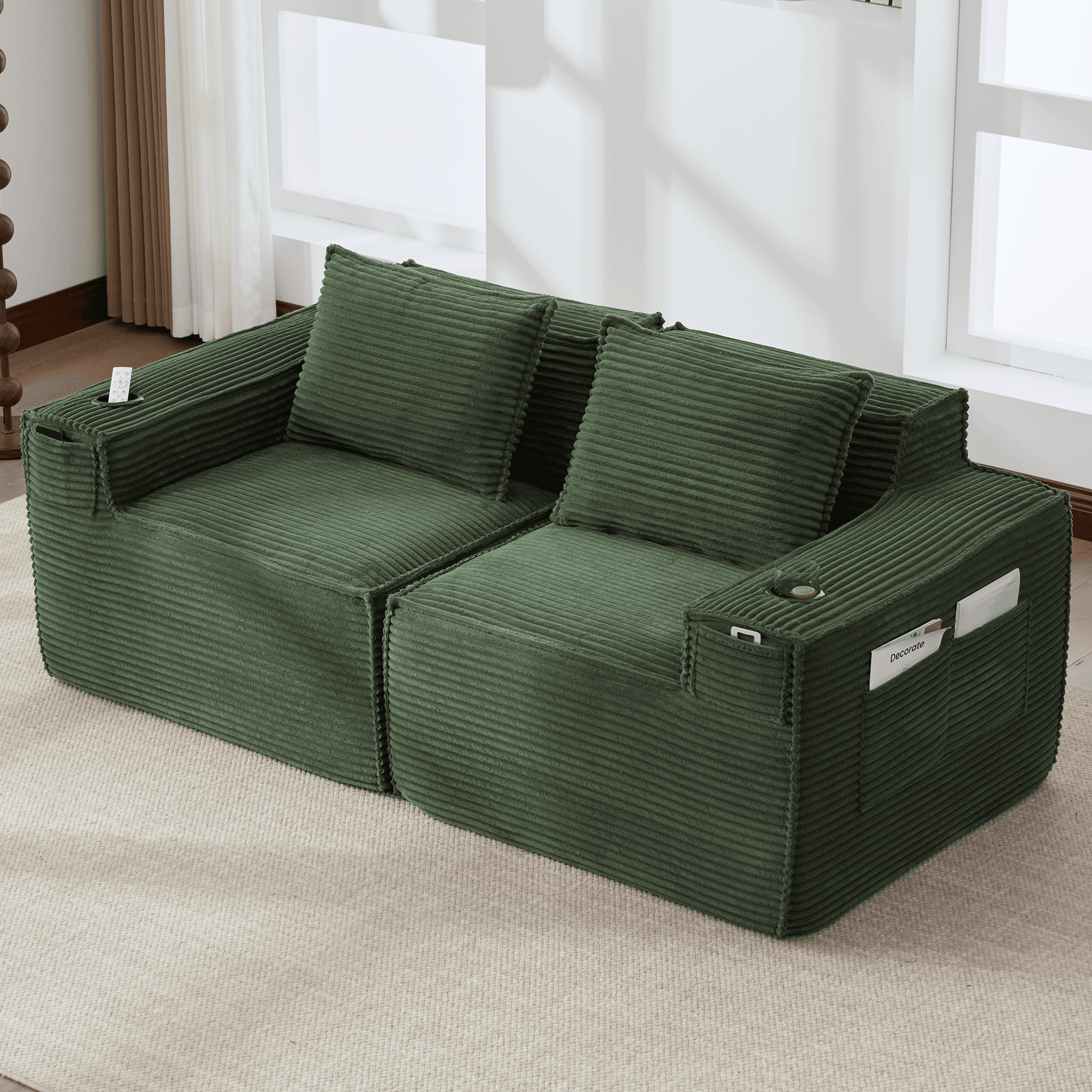 Modulares Cordsofa für zwei mit Becherhaltern