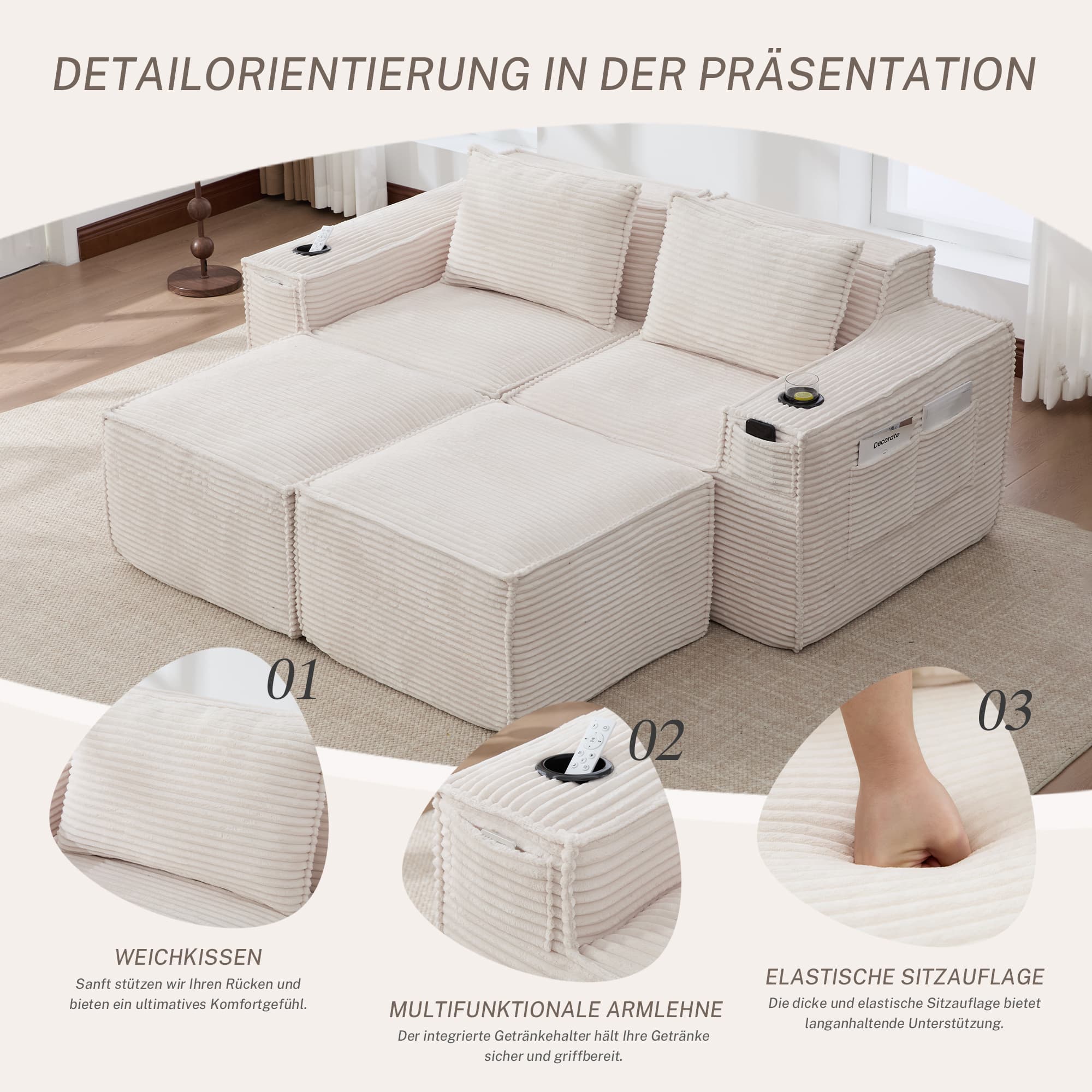 Modulares Cordsofa für zwei mit zwei Hockern