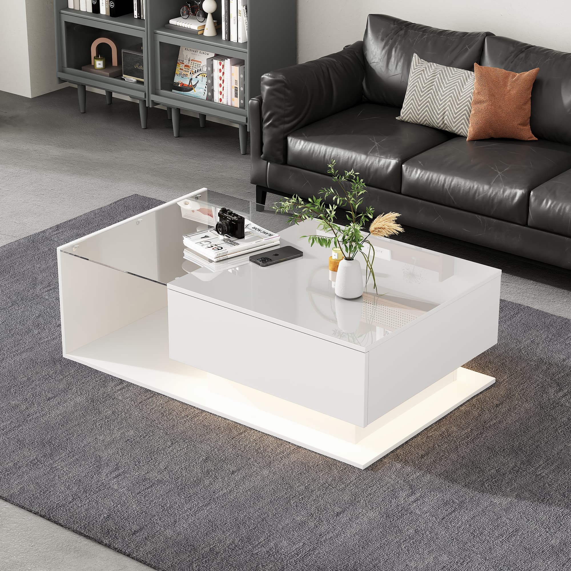 Glanzweißer White Coffee Table 100x50x32 cm - Mit Glasplatte und Schublade, kratzfest, mit LED-Beleuchtung, moderner Stil