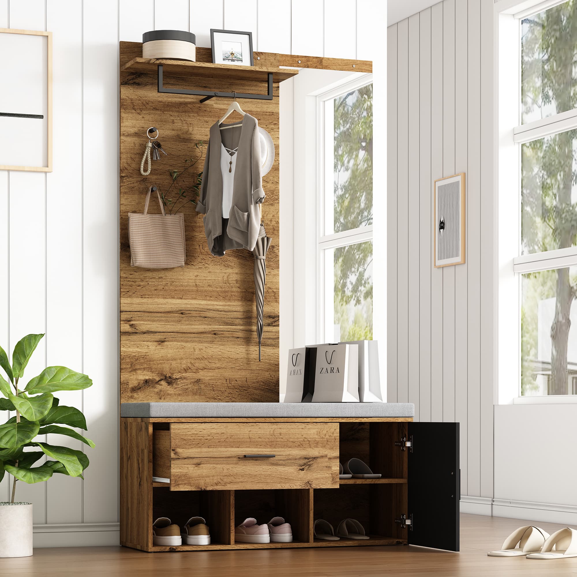 Garderobenset in Holzoptik mit Spiegel und Schuhbank