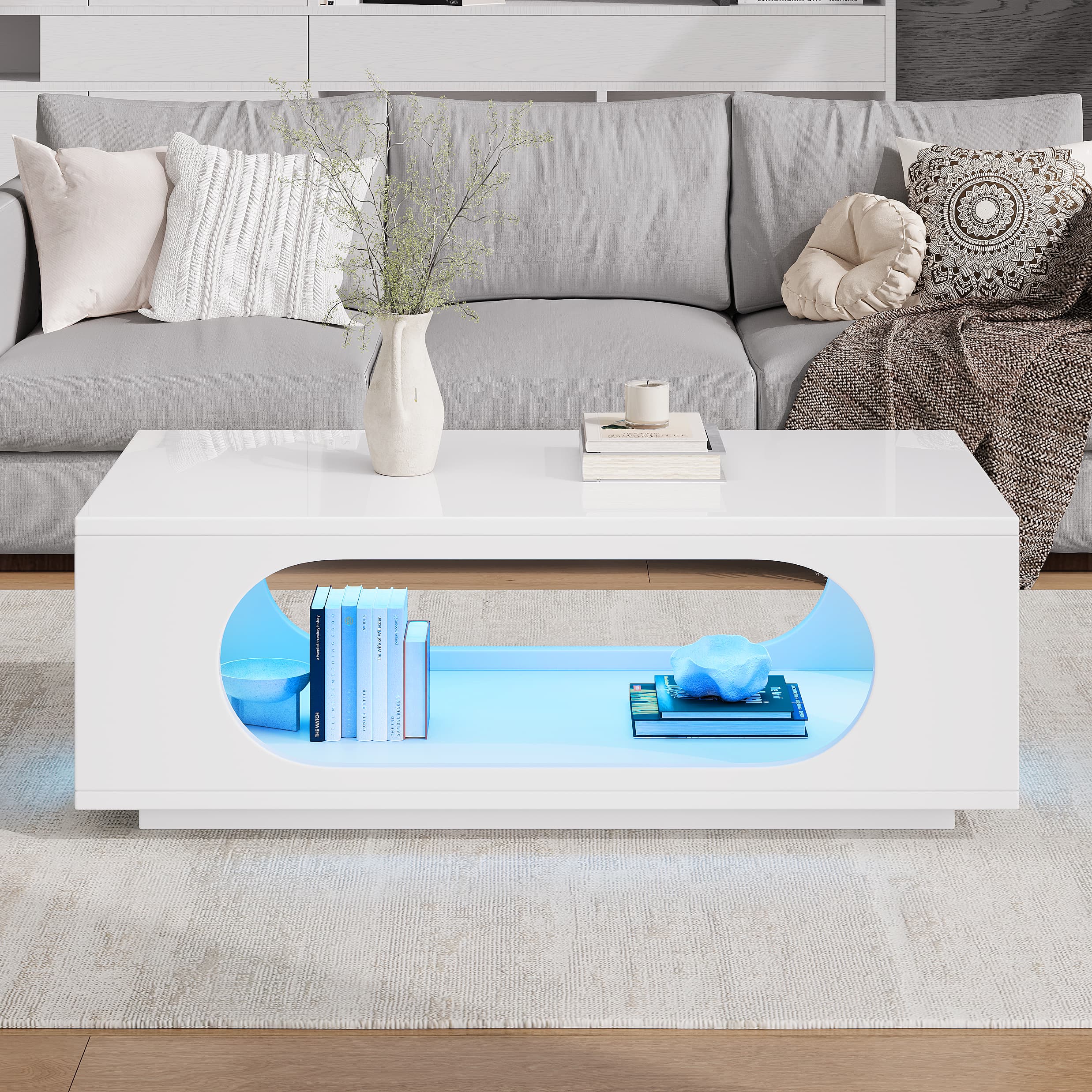 Coffee Table With LED Lighting  App Control , 100x50x35cm, MDF Material, 30kg Load Capacity,High Gloss Openwork Coffee Table,Large Storage Side Table,