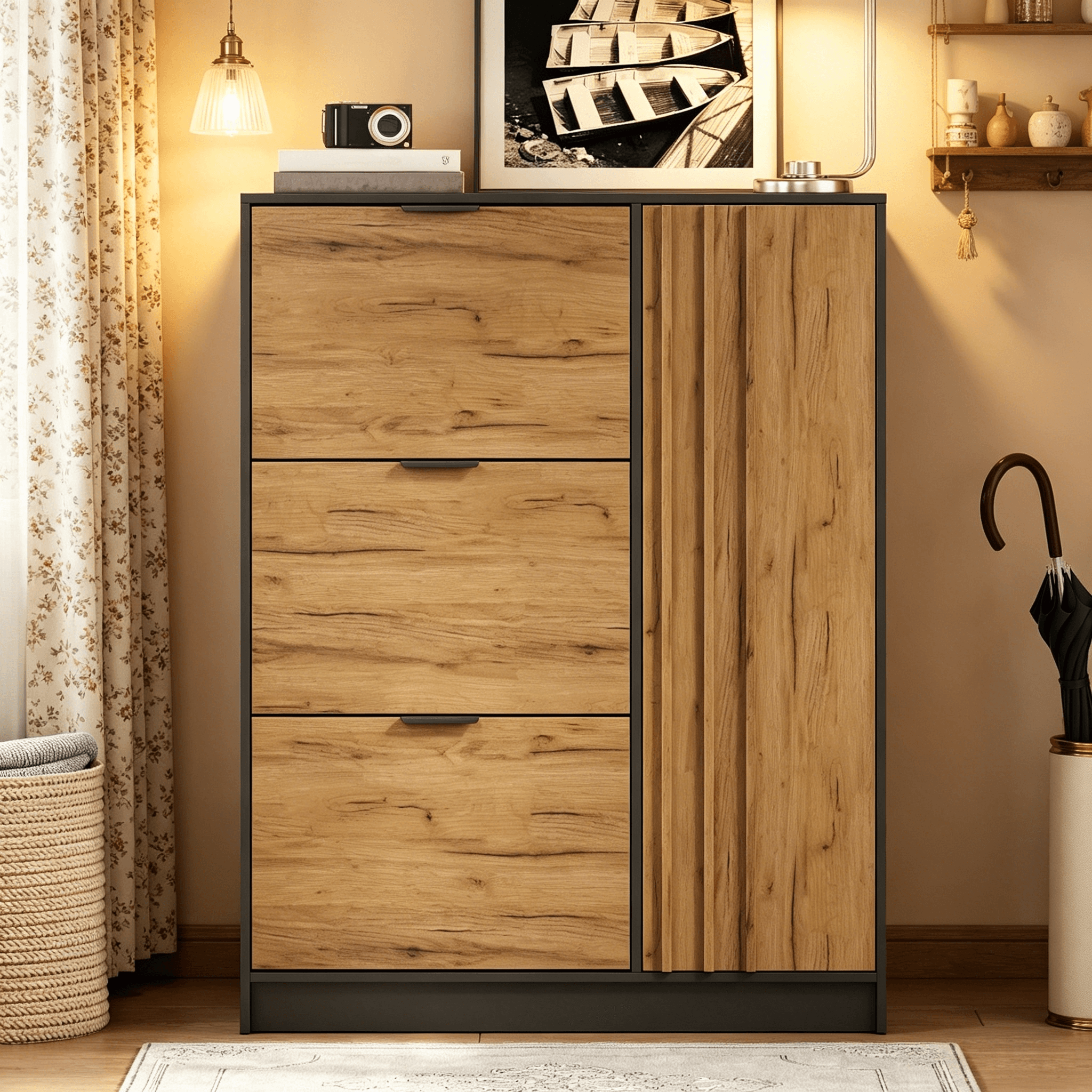 Schuhschrank aus MDF mit 3 Klappfächern und Türfach