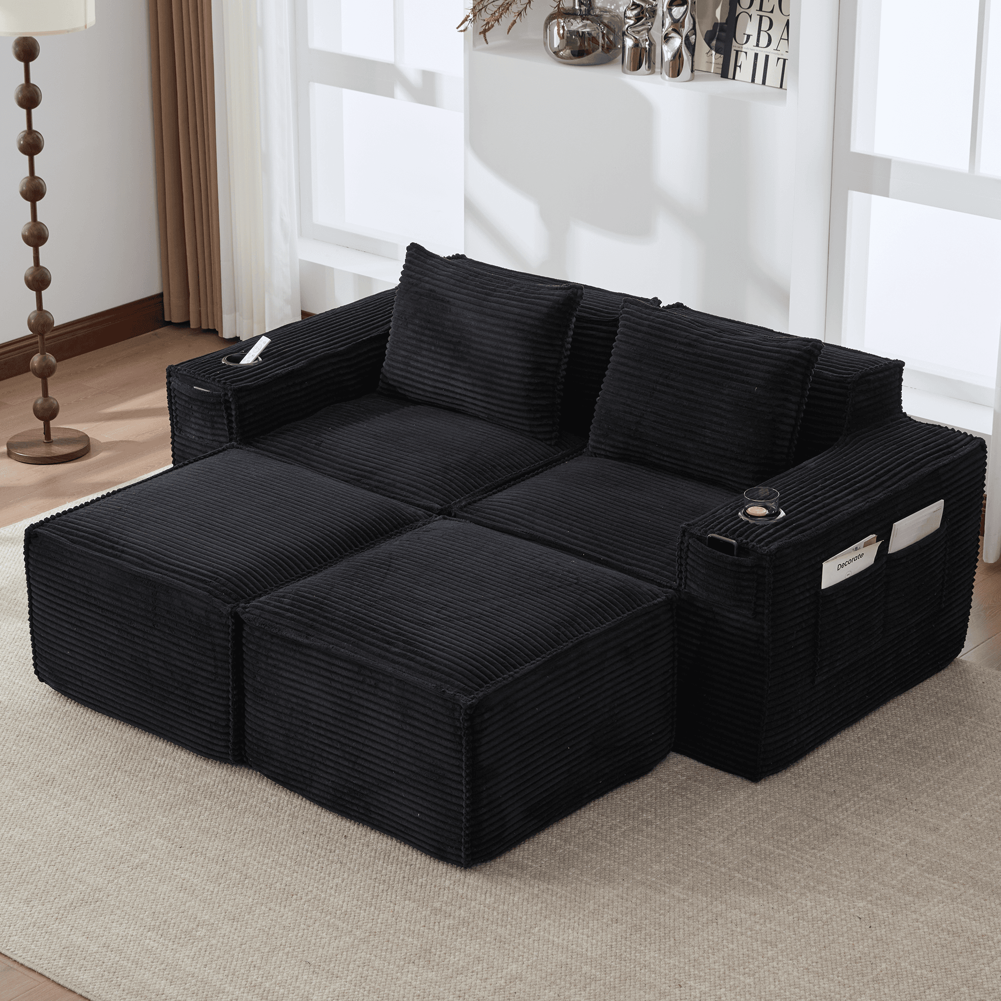 Modulares 2-Sitzer Cordsofa mit zwei Hockern