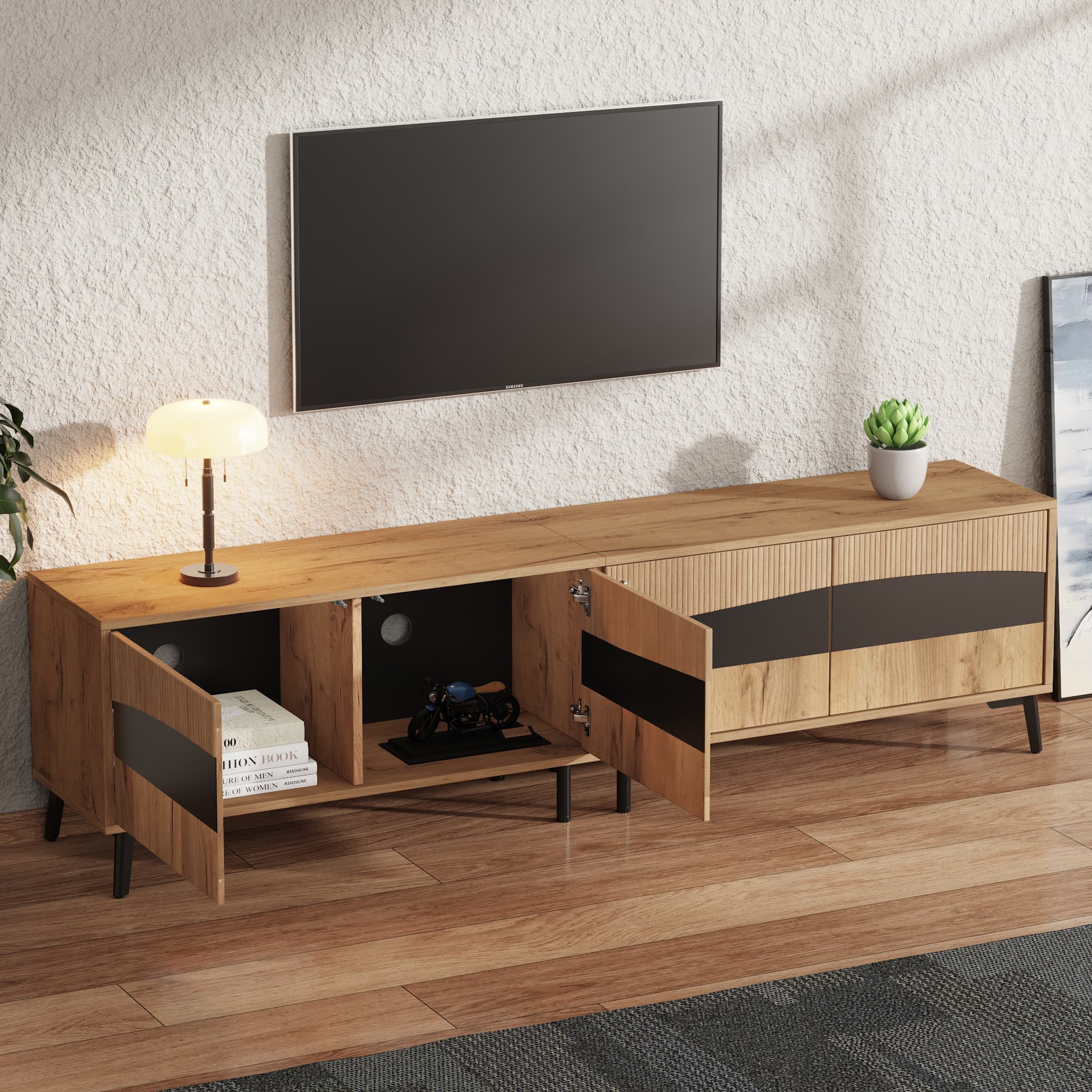 TV-Schrank 180x40x50 cm, Holzfarbe mit schwarzen Akzenten, 4 Fächer