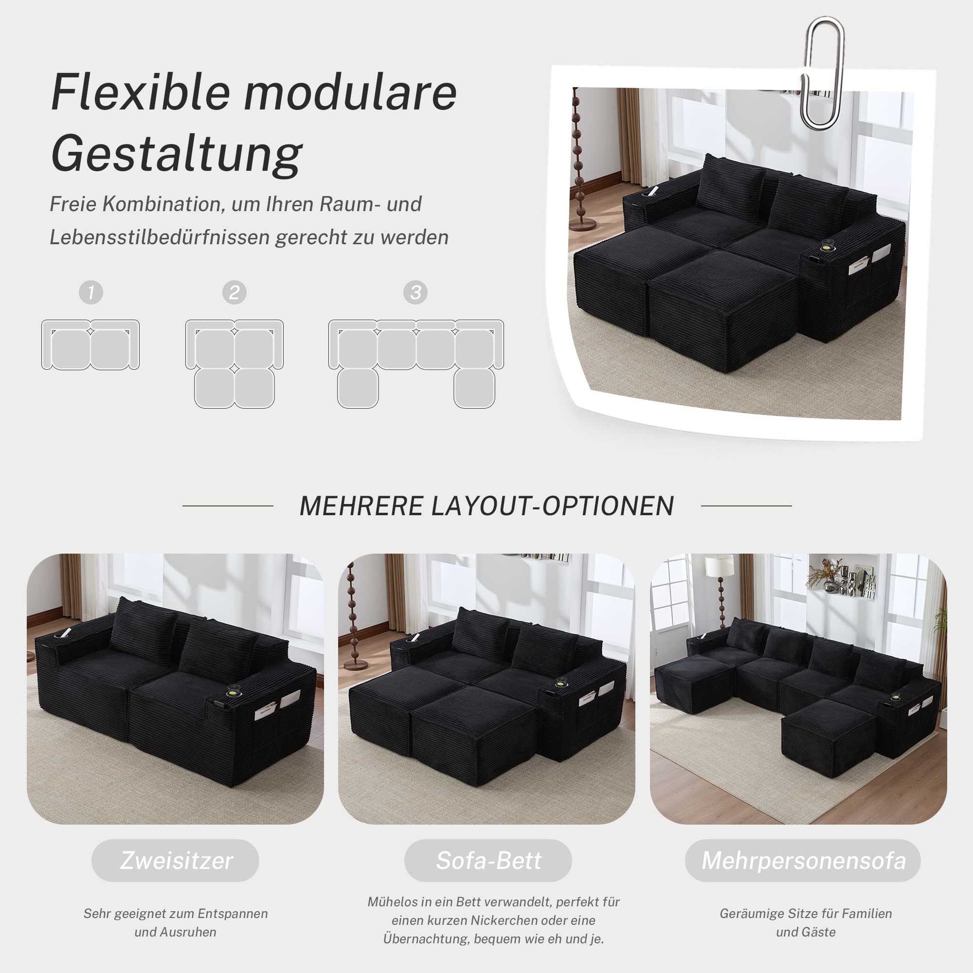 Modulares 2-Sitzer Cordsofa mit zwei Hockern