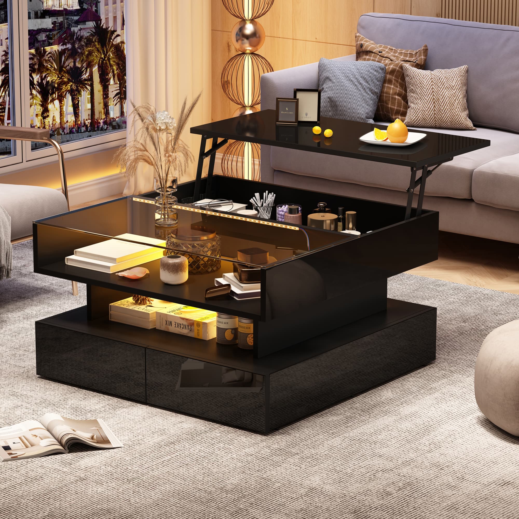 Coffee Table, Height-Adjustable Coffee Table With Hidden Storage And 2 Drawers, Sofa Table With LED Lights, High-Gloss Living Room Side Table, Living 