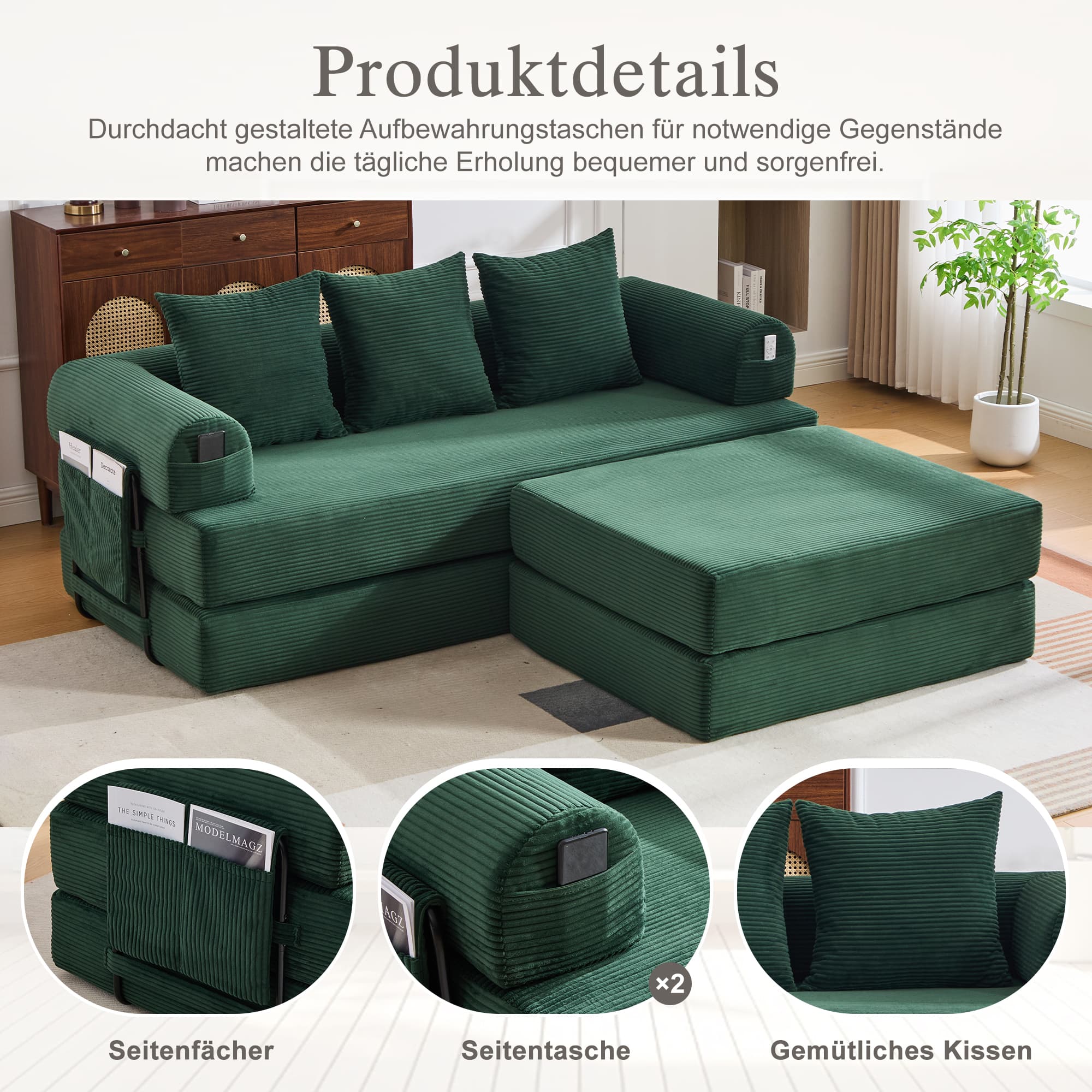 Modulares Cord-Sofa mit Hocker und Metallgestell
