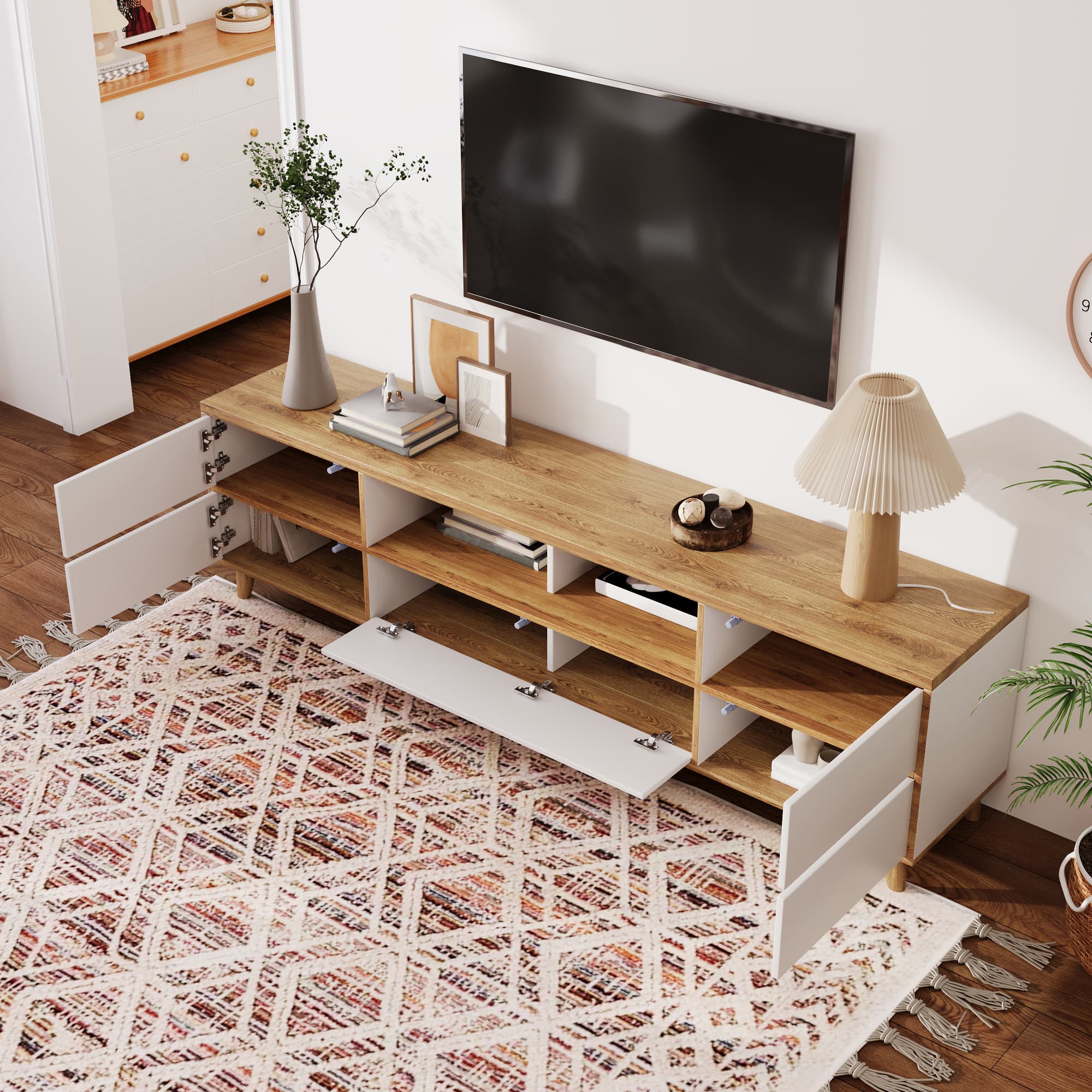 TV-Schrank Lowboard in Weiß und Holzoptik, 175x37x51 cm