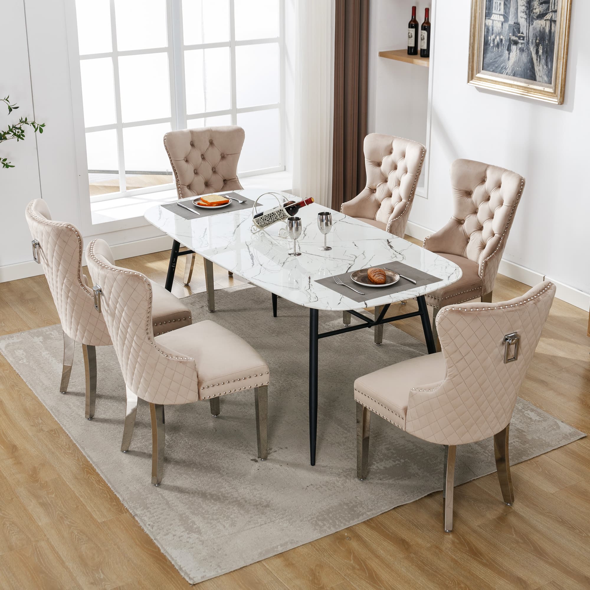 Set de 6 sillas de comedor de terciopelo con tachuelas, beige