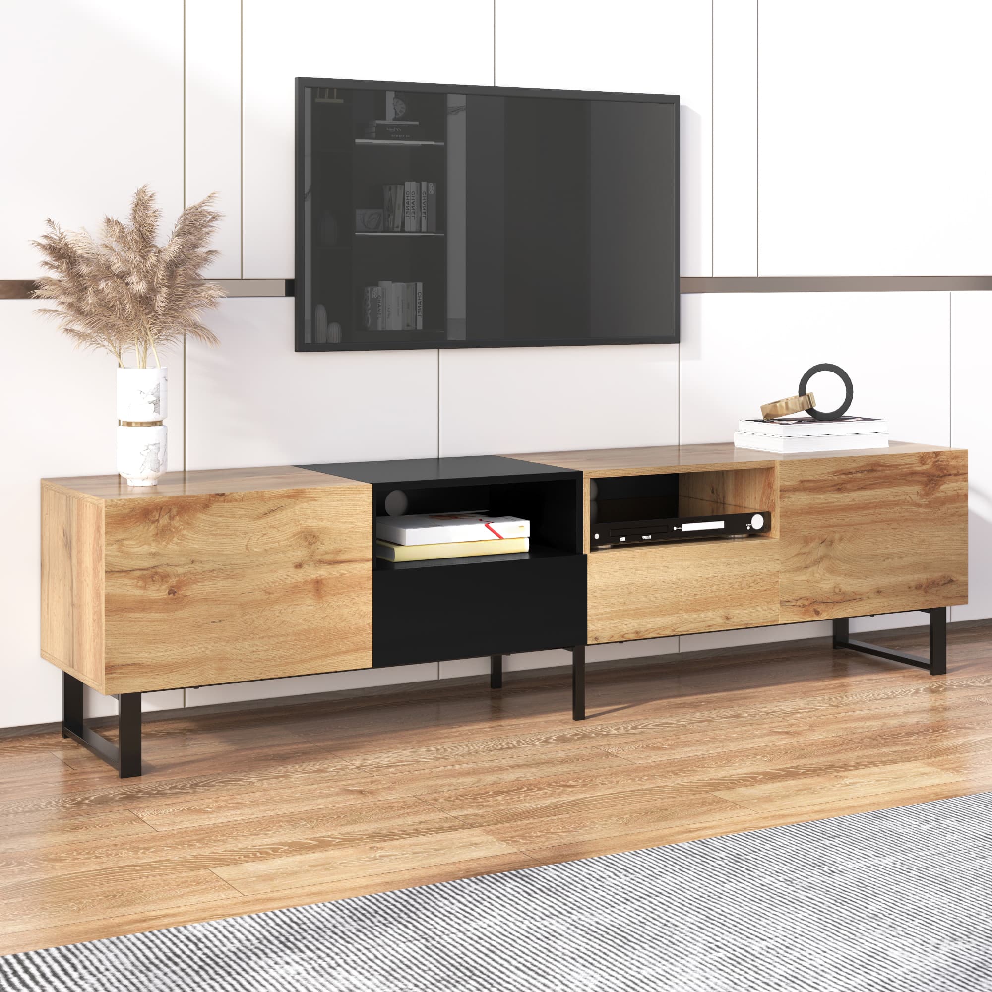Moderner TV-Ständer in Schwarz und Holzoptik, 190 cm