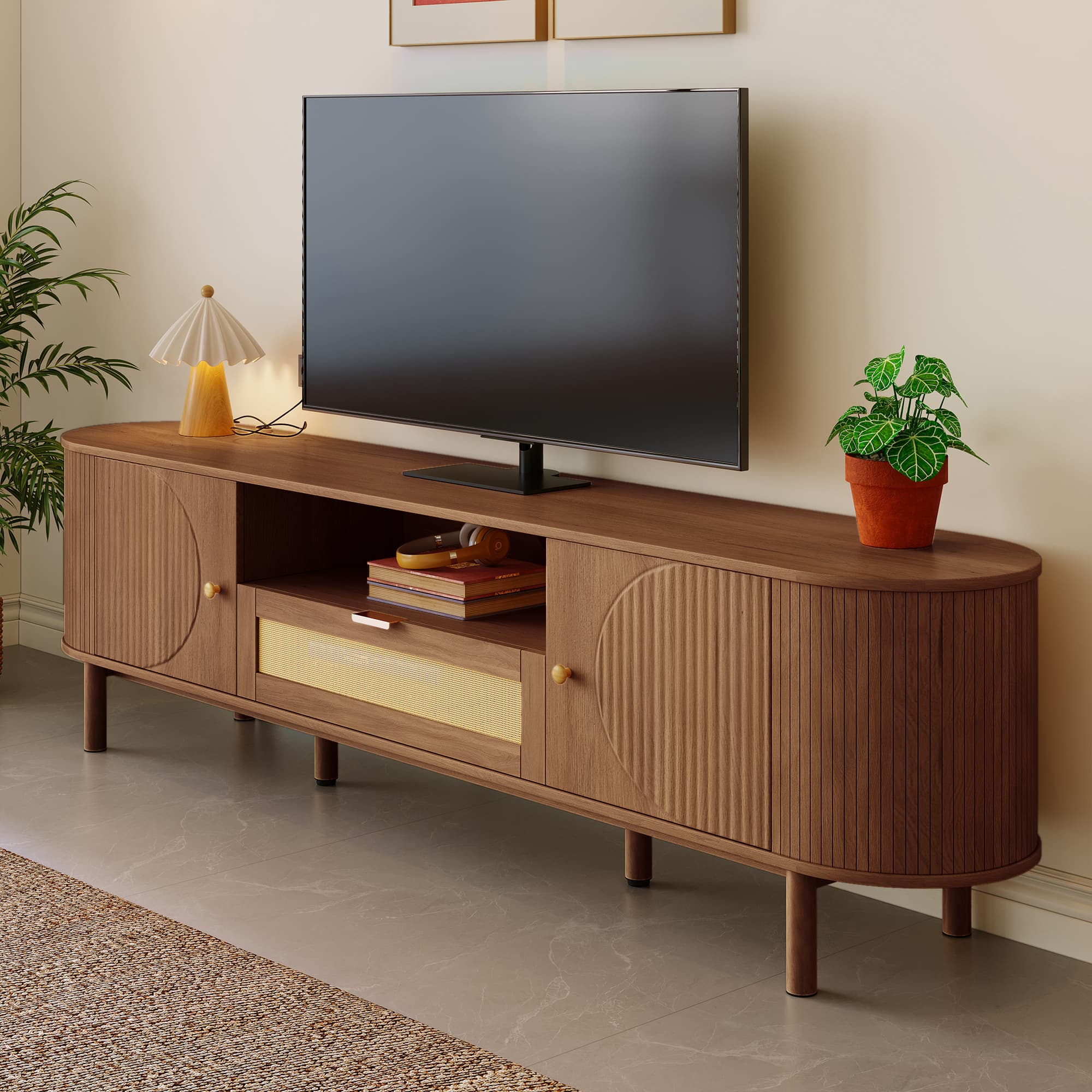 TV-Lowboard mit Rattan-Schubladen und Metallbeinen