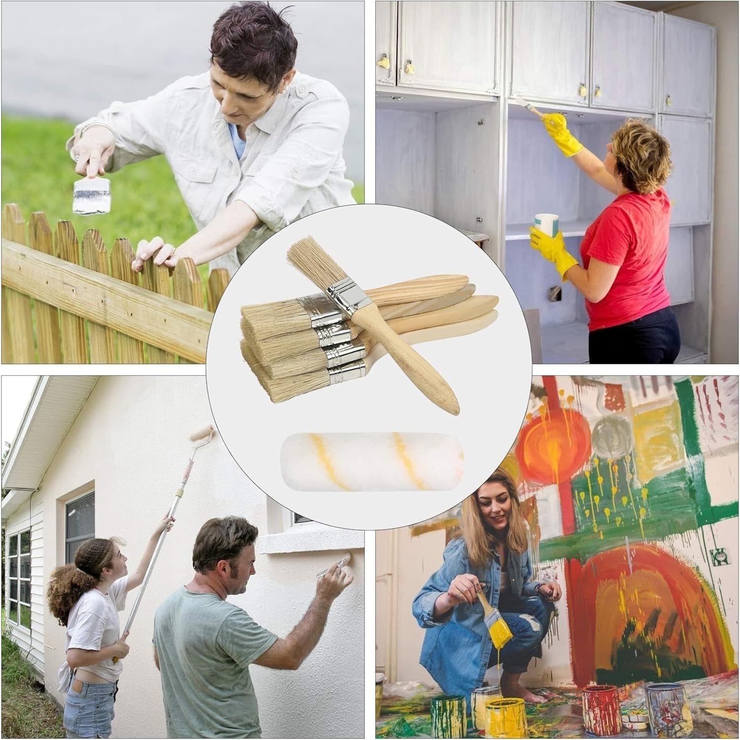 Ensemble de peinture de 16 pièces avec 5 pinceaux (1" / 1,5" / 2" / 2,5" / 3"), 10 rouleaux (10 cm) et un manche pour la décoration de fête de rénovation