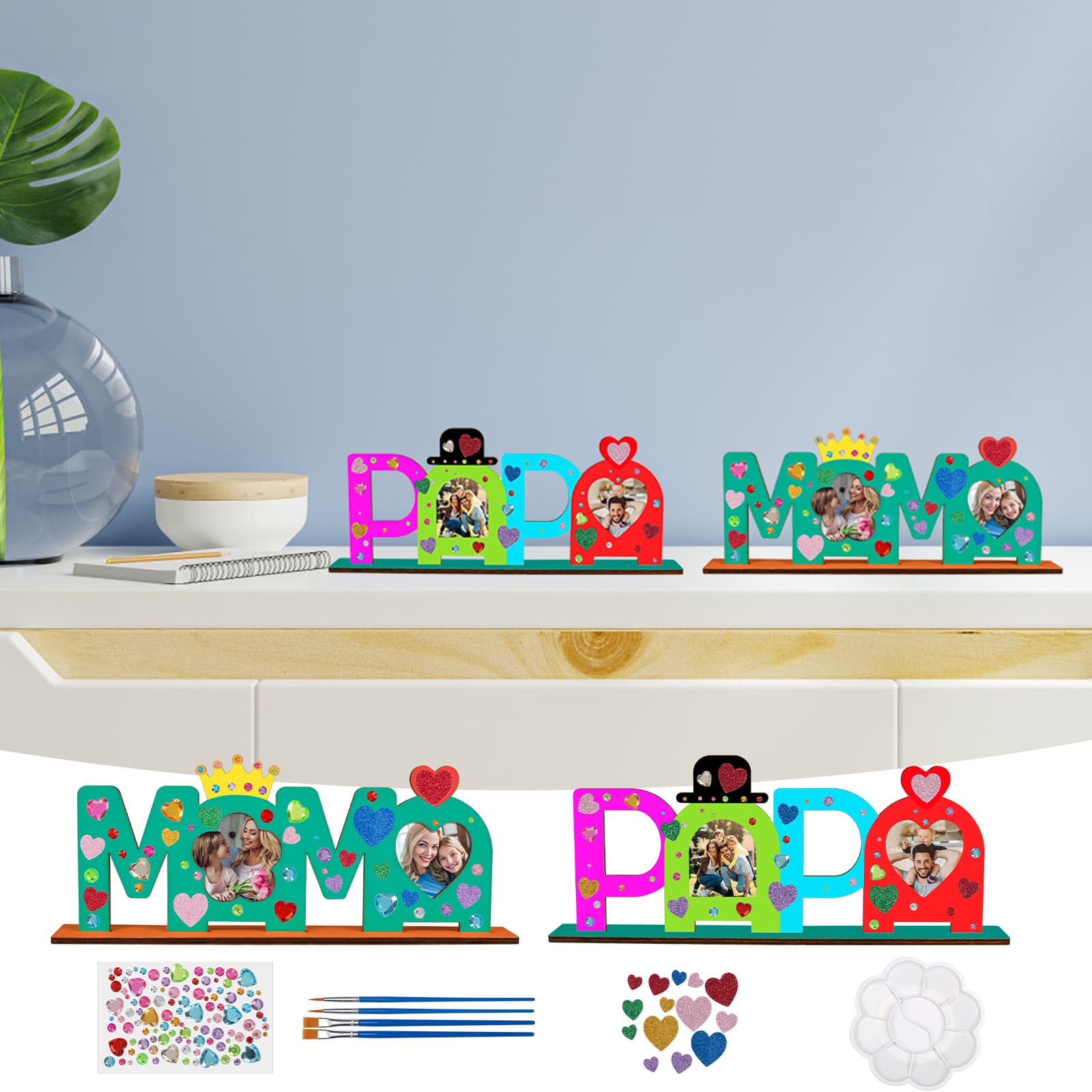 Gift Set for Parents: 2 Wooden Signs "MAMA" & "PAPA" with 4 Brushes