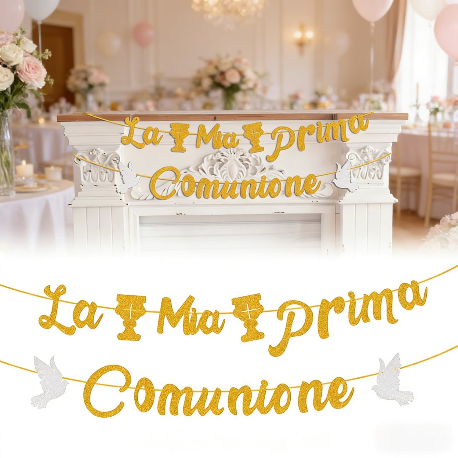 La Mia Prima Comunione Wimpelkette, Weiß-Gold, Erstkommunion-Deko