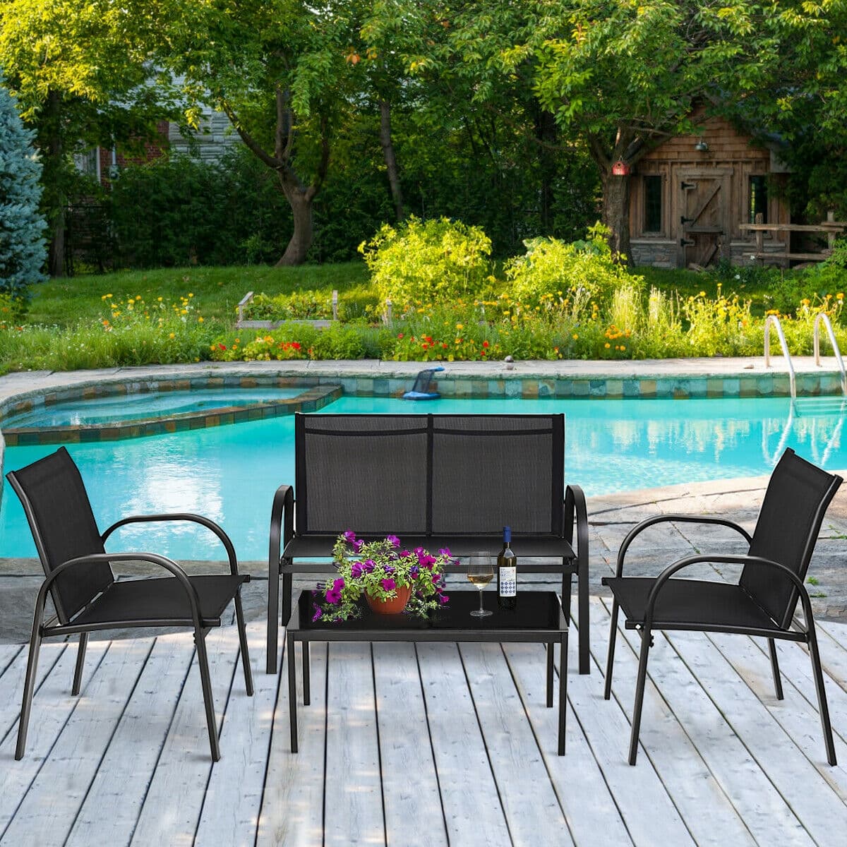 4-teiliges Terrassenmöbel-Set mit Glastisch, Schwarz