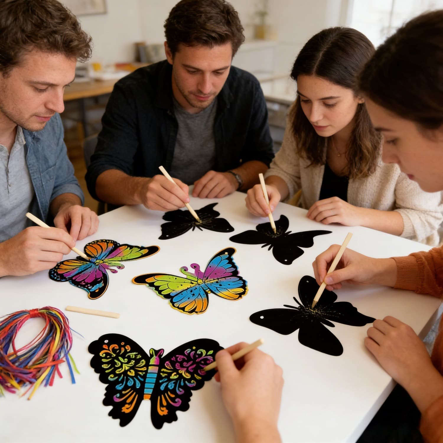 48 Schmetterlings-Kratzbilder Mit 12 Designs, Holzstäbchen Und Bändern Für Gruppenaktivitäten-Partydekoration