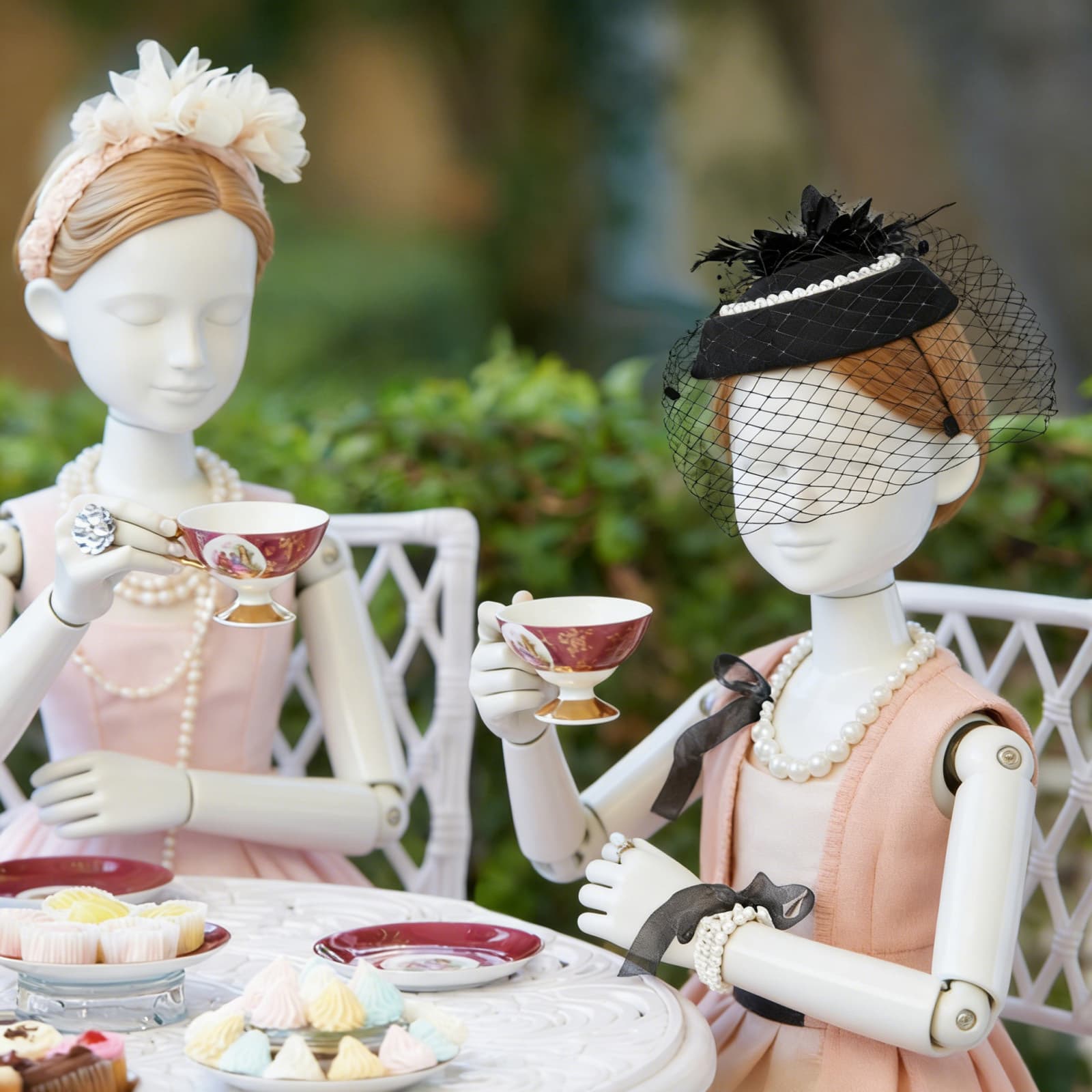 Set di accessori del costume in nero - parure per capelli in rete, ventaglio, guanti e gioielli di perle - decorazione per la festa