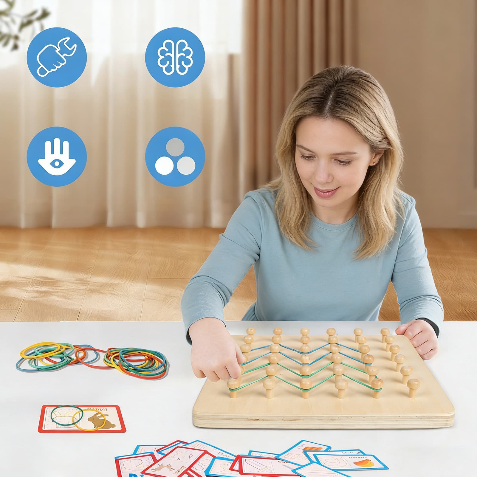 Set géoplan bois avec élastiques 30 cartes