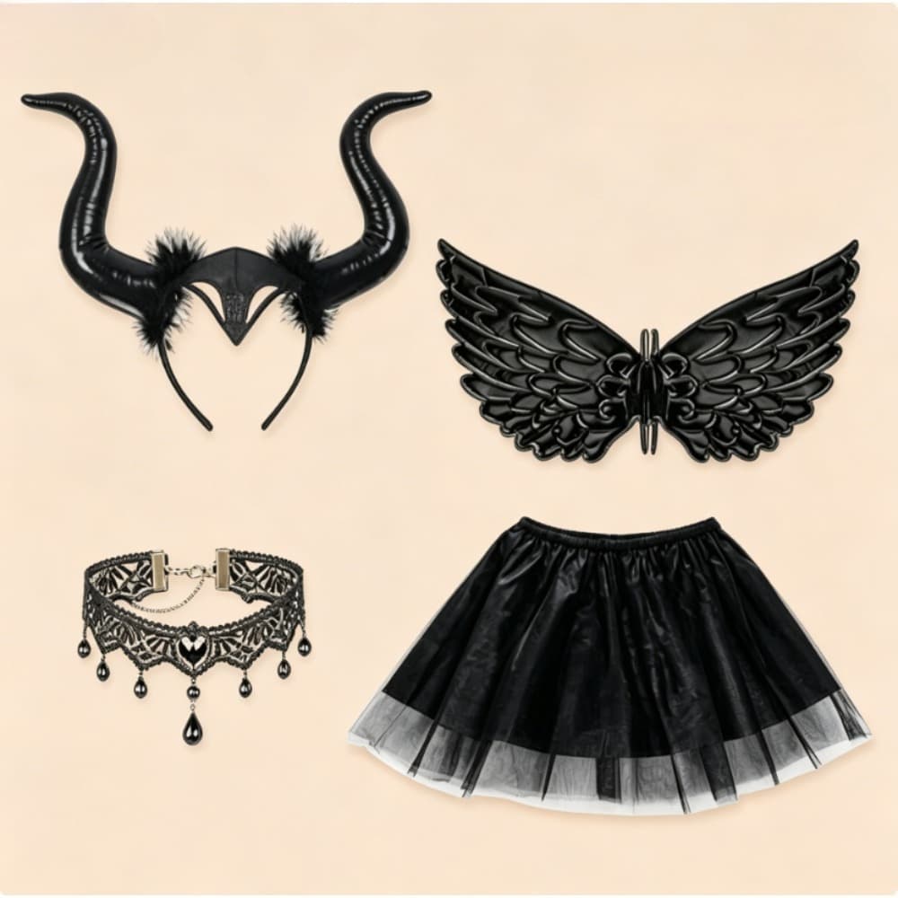 Schwarzes Teufelskostüm-Set mit Flügeln, Hörnern und Umhang