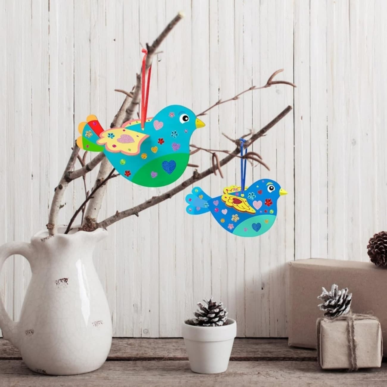 Creative Bird Craft Kit with Brushes, Glitter Stickers and Wooden Parts
