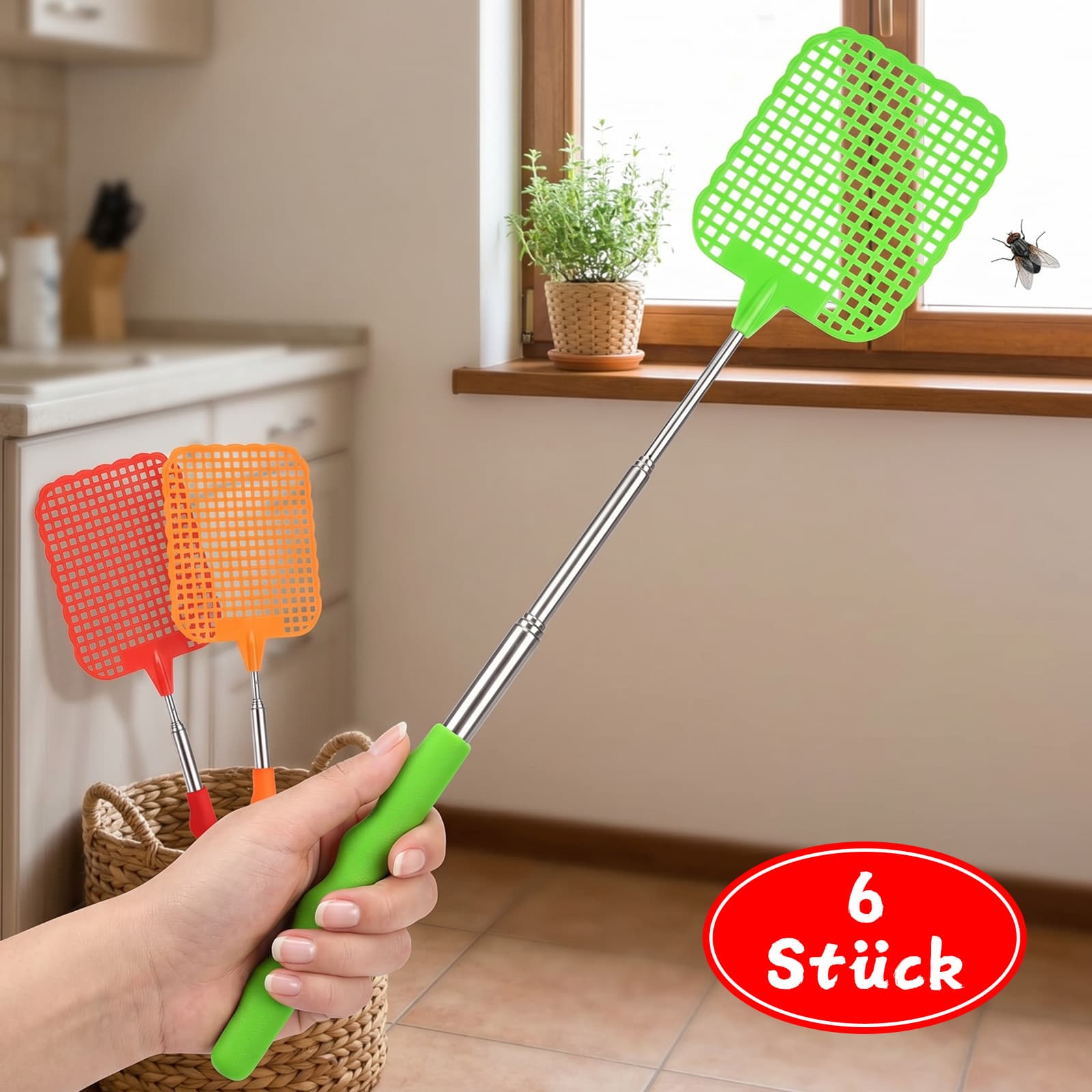 Set aus 6 Fliegenklatschen: 2 rot + 2 orange + 2 grün