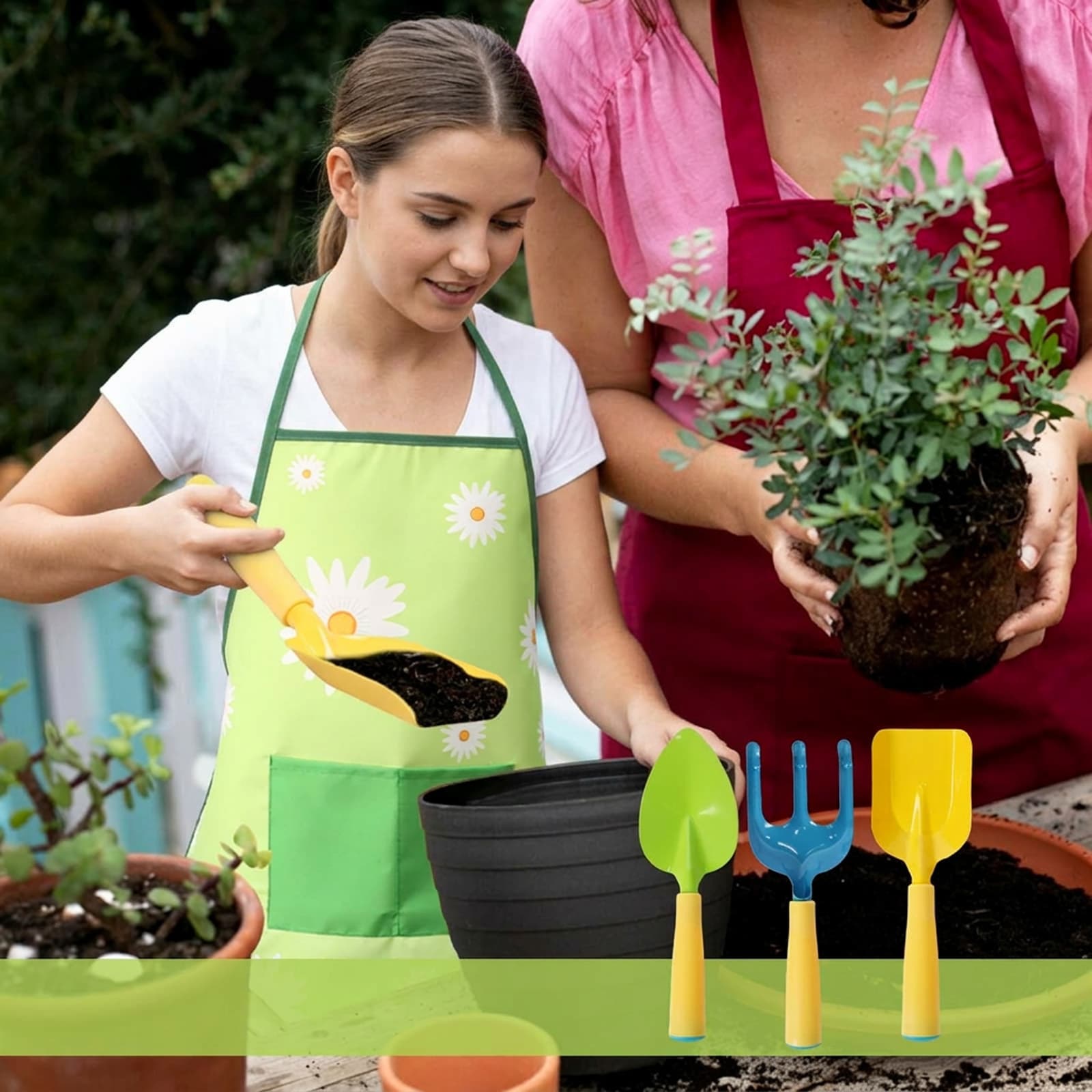 Set da 3 attrezzi da giardino gialli con grembiule a fiori