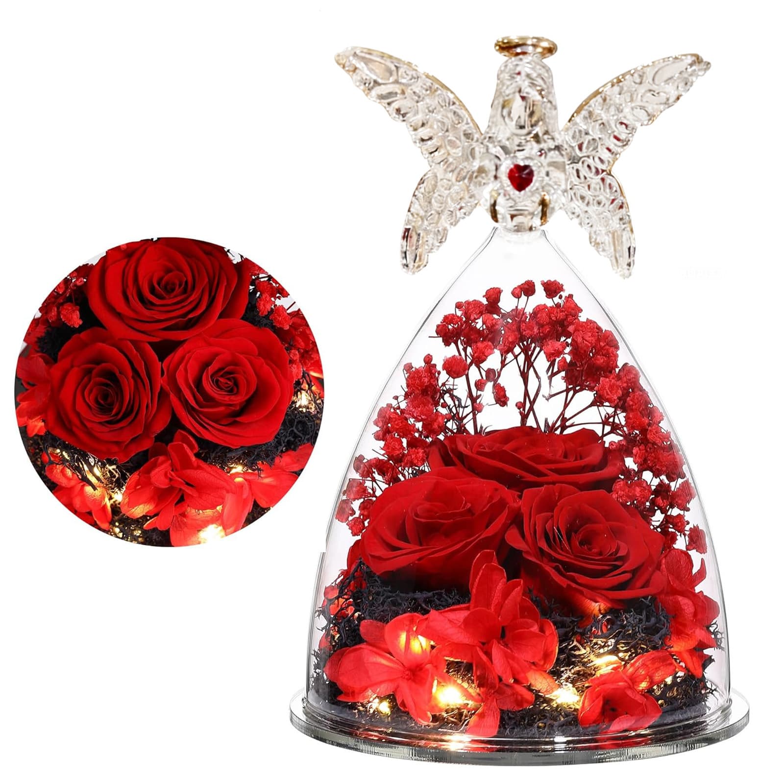 Konservierte Rosen Geschenkset mit Engel & Glasglocke