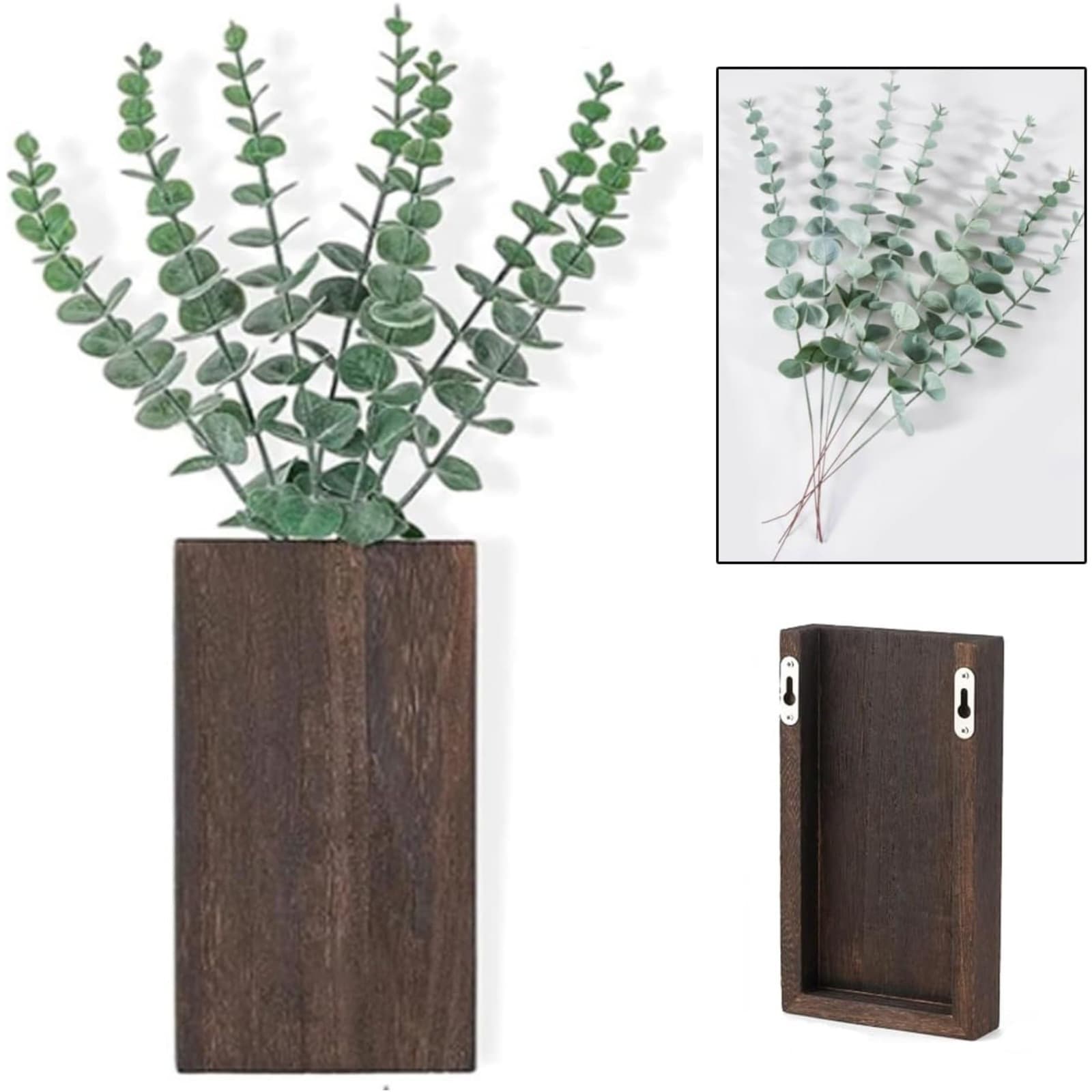 Wanddeko-Set mit 2 Holz-Wandvasen und Eukalyptus