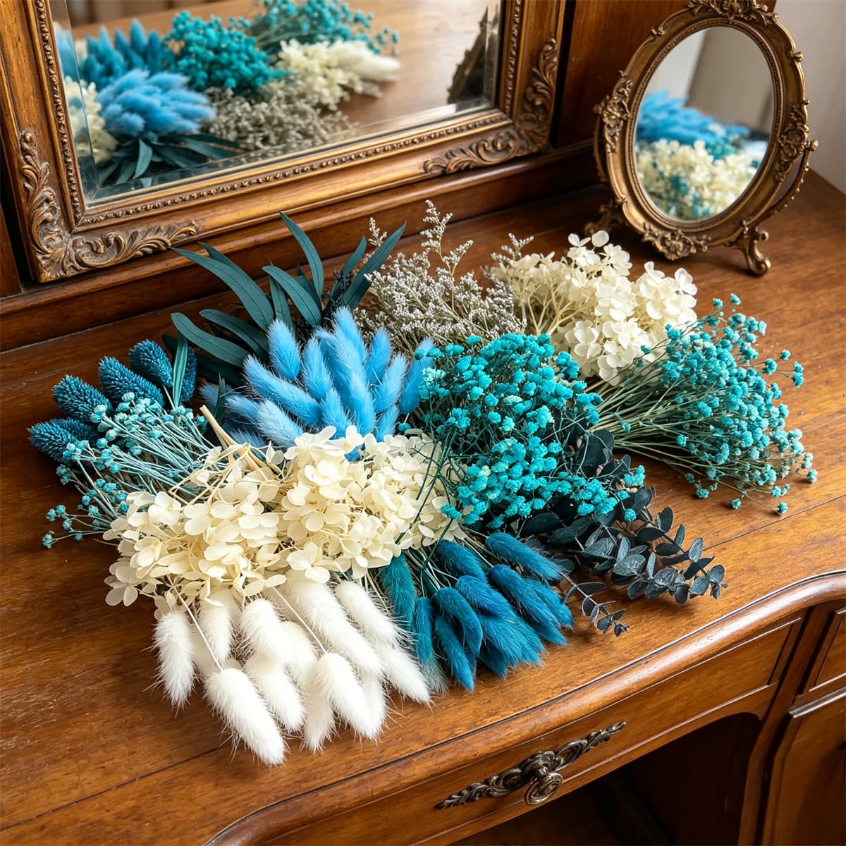 Set DIY 92 mini fleurs séchées bleues