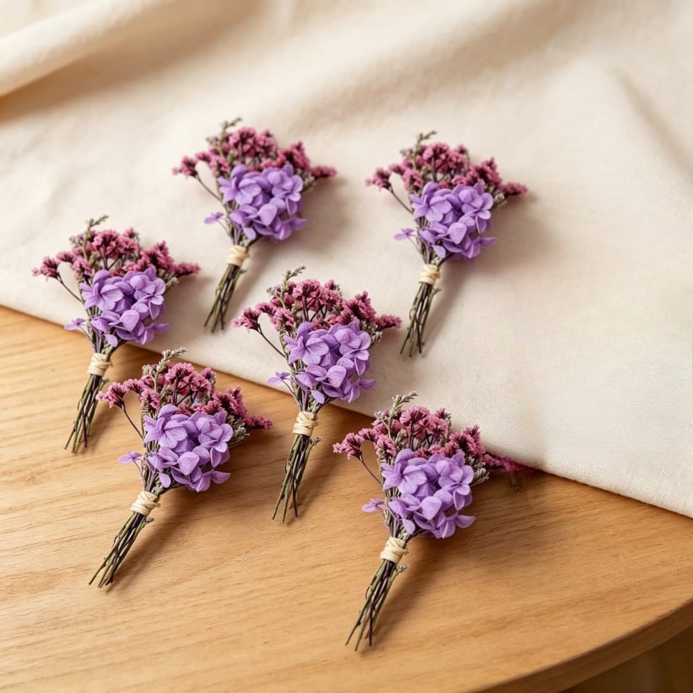 6er Set getrocknete Mini-Blumensträuße Lila Deko