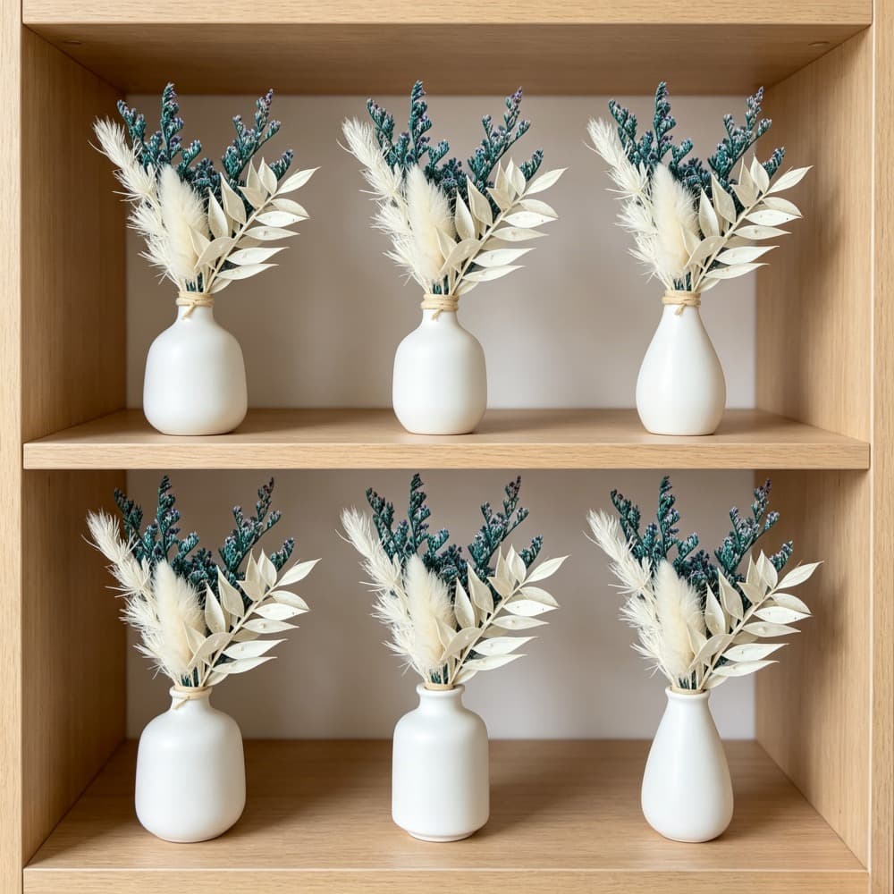 6er Set Mini Trockenblumensträuße Blau-Weiß
