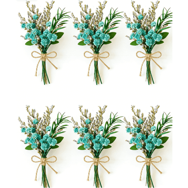 Set aus 6 Mini Trockenblumensträußen in Blau mit Schleierkraut